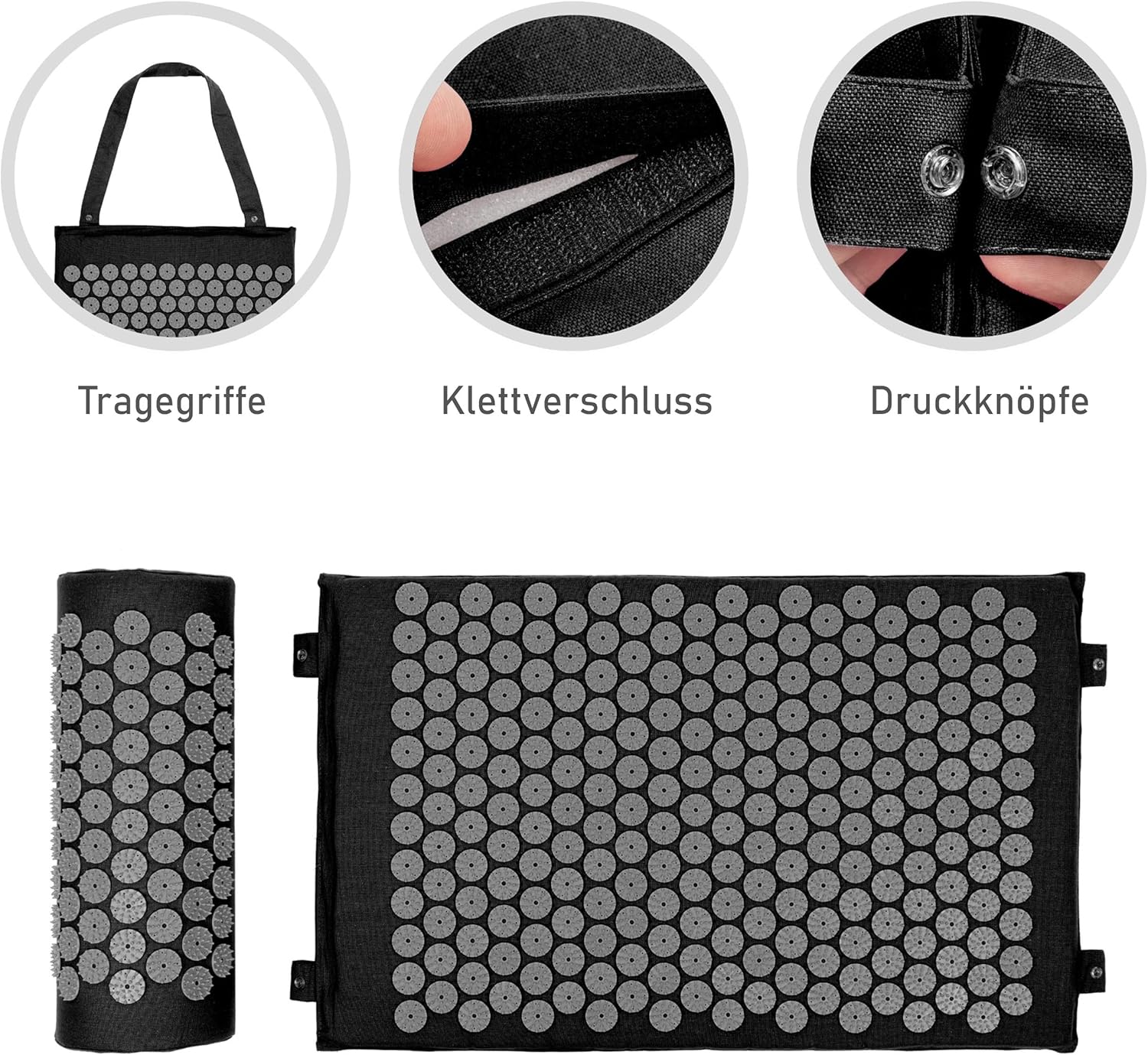 Akupressurmatte mit Kissen, Akupressur-Set mit Nackenkissen zur Entspannung, Massagematte mit Tragegriffen, Schwarz – Bild 3