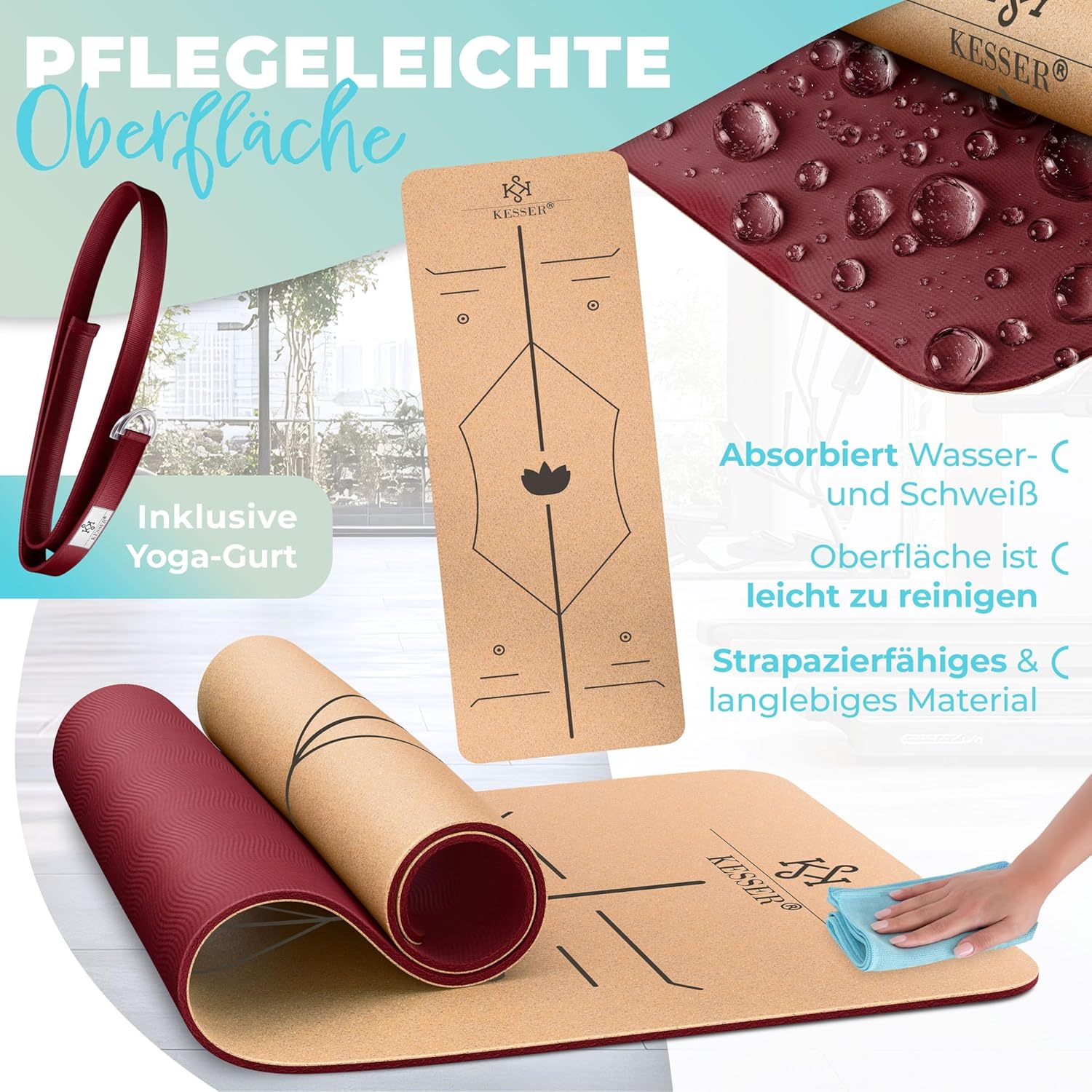 KESSER® Yogamatte aus Kork mit Tragegurttasche & Yogablock, Gymnastikmatte, Yogamatte, rutschfest, Naturkautschuk, TPE-Fitnessmatte, 183 x 62 cm, Trainingsmatte für Fitness, Sportmatte, Gymnastik, extra dick – Bild 5