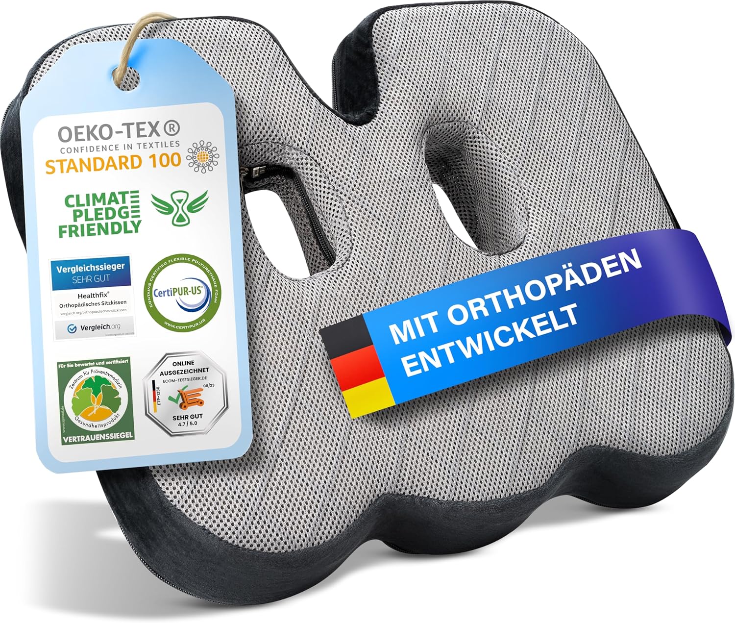 Orthopädisches Sitzkissen von Healthfix für Büro, Heimbüro usw. Ergonomisches Sitzen aus Memory-Schaum mit entlastender Funktion des Steißbeins und der Sitzknochen, erhöht den Sitzkomfort (mittel)