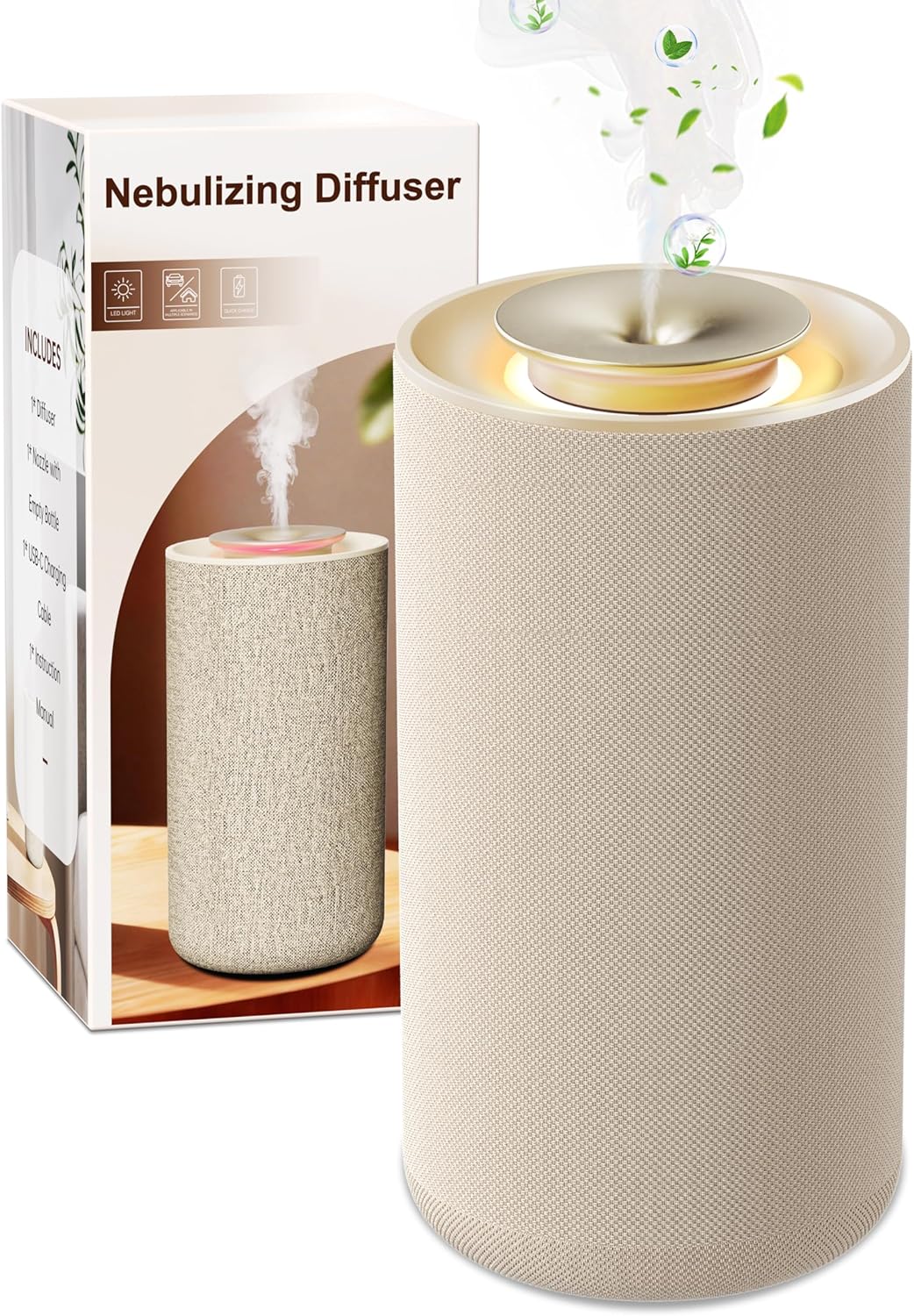 Kabelloser Aromadiffusor, wasserloser Duftdiffusor mit hochwertigem Stoffbezug für ätherische Öle mit Akku und warmem Licht, eleganter Raumduftvernebler für Wohnzimmer und Auto (Smart