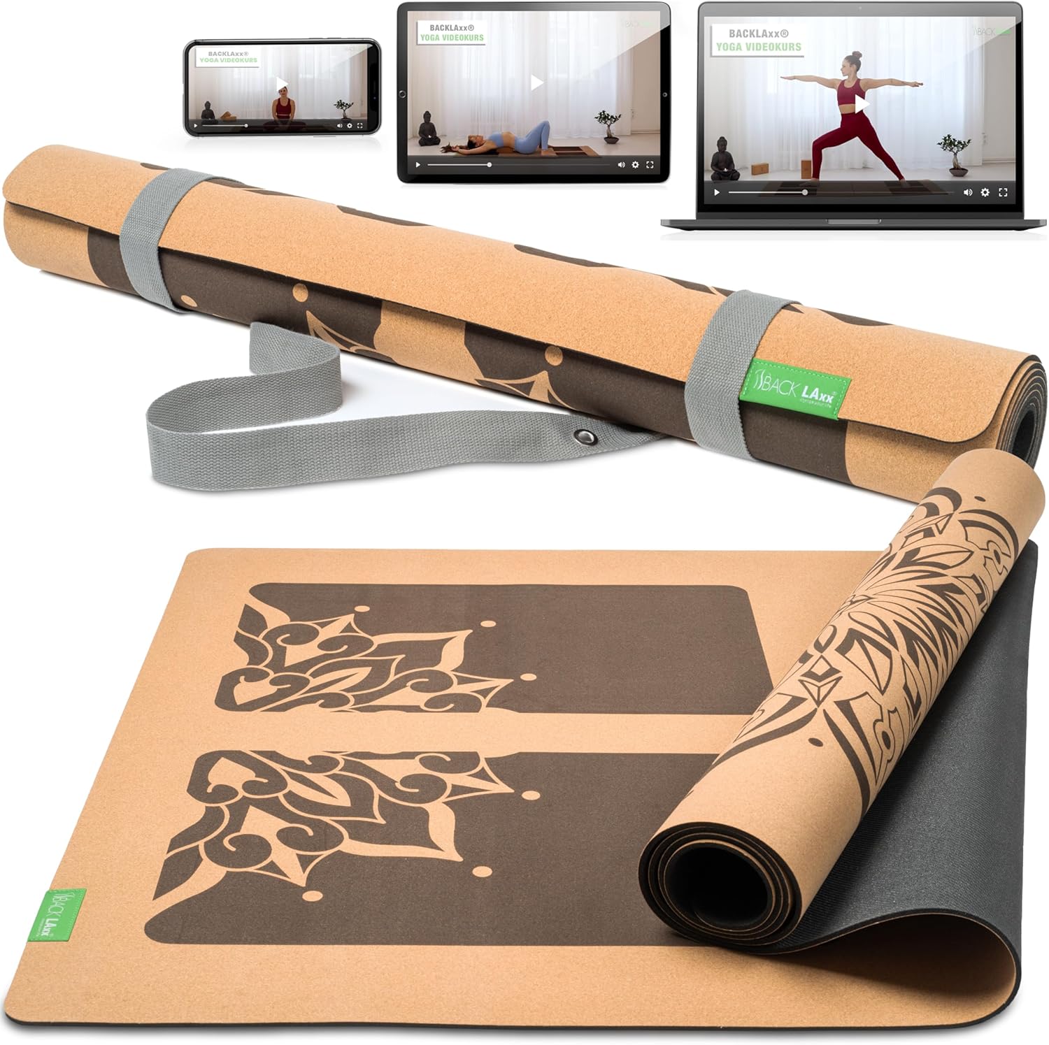BACKLAXX ® Yogamatte Kork XXL (+50 % mehr Oberfläche) mit Naturkautschuk – Yogamatte nachhaltig, schadstofffrei, Yogamatte rutschfeste Fitnessmatte mit Anti-Rutsch-Zonen inkl.