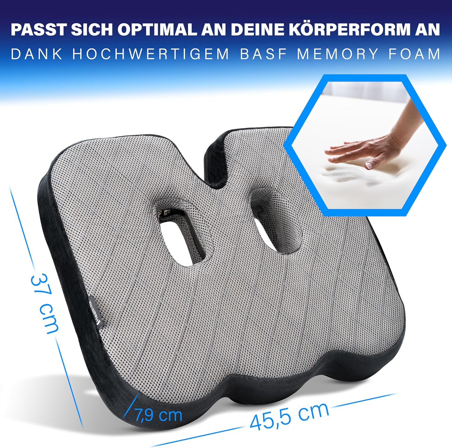 Orthopädisches Sitzkissen von Healthfix für Büro, Heimbüro usw. Ergonomisches Sitzen aus Memory-Schaum mit entlastender Funktion des Steißbeins und der Sitzknochen, erhöht den Sitzkomfort (mittel) – Bild 6