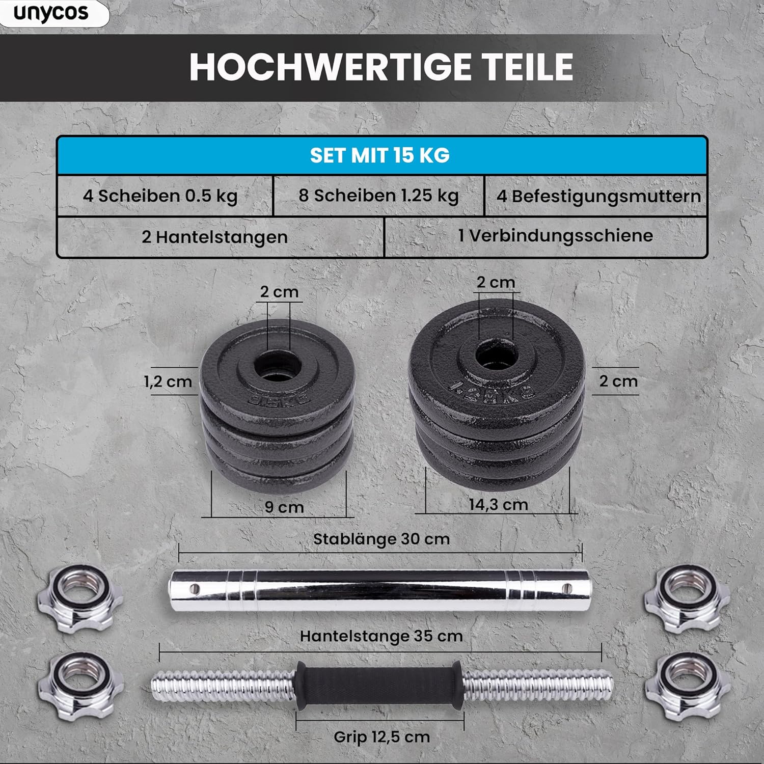 unycos – 2-in-1-Hanteln und Langhantel, verstellbar (15–50 kg), mit Übungs-E-Book, Gewichtsset mit Verbindungsstange und Eisenplatten, Aufbewahrungskoffer, Heim-Fitnessstudio (Eisentransformator) – Bild 4