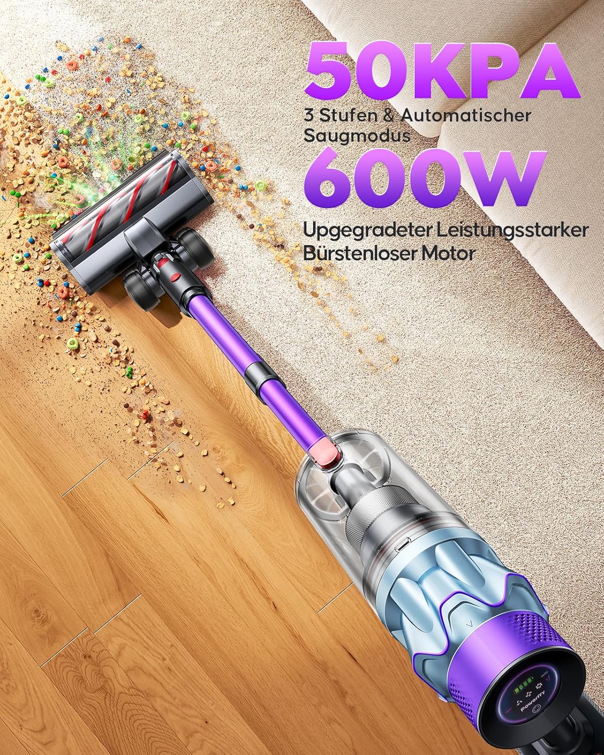 Akku-Staubsauger 600 W/50 kPa/65 Min, kabelloser Staubsauger mit 1 m Schlauch, Aromatherapie, Wandladestation, Staubbehälter-Schaber (1,5 l), Automatikmodus, für Tierhaare, Teppiche – Bild 2