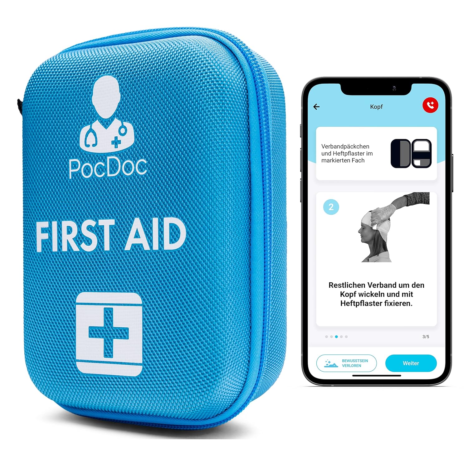 PocDoc Outdoor Smart Erste-Hilfe-Set nach DIN 13167 mit App – Reise, Sport & Motorrad + Pinzette & Wundreinigungstücher
