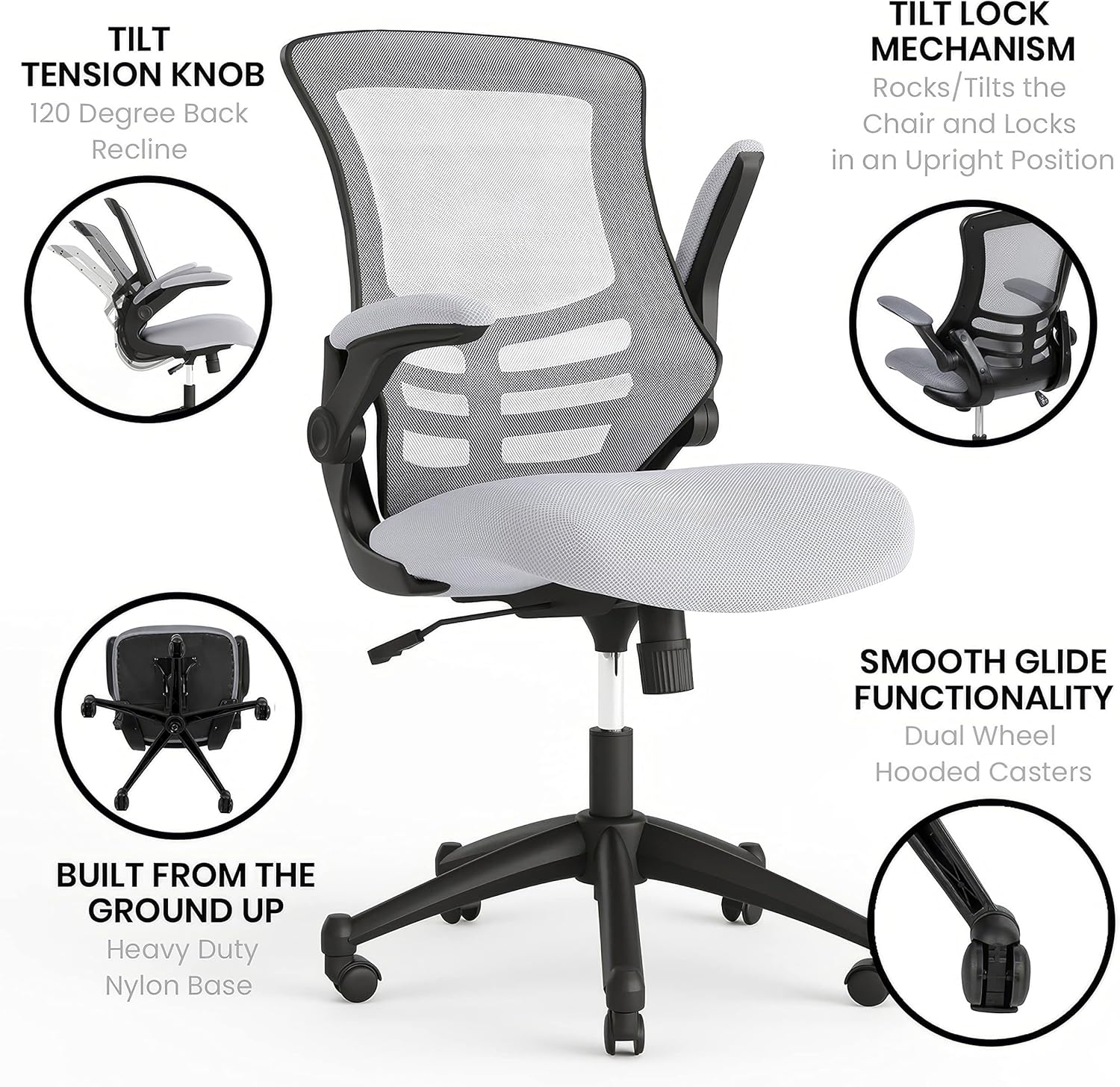 Flash Furniture Bürostuhl mit hoher Rückenlehne, ergonomischer Drehstuhl mit klappbaren Armlehnen und verstellbarer Kopfstütze – Bild 5