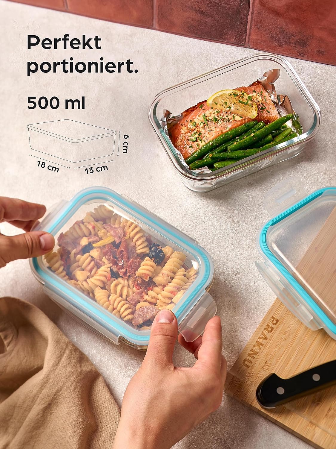 Praknu Glasbehälter mit Deckel – 4 x 500 ml Frischhaltedosen – extra dickes Glas – luftdicht und stapelbar – spülmaschinenfest – gefrier- und mikrowellenfest – Bild 4