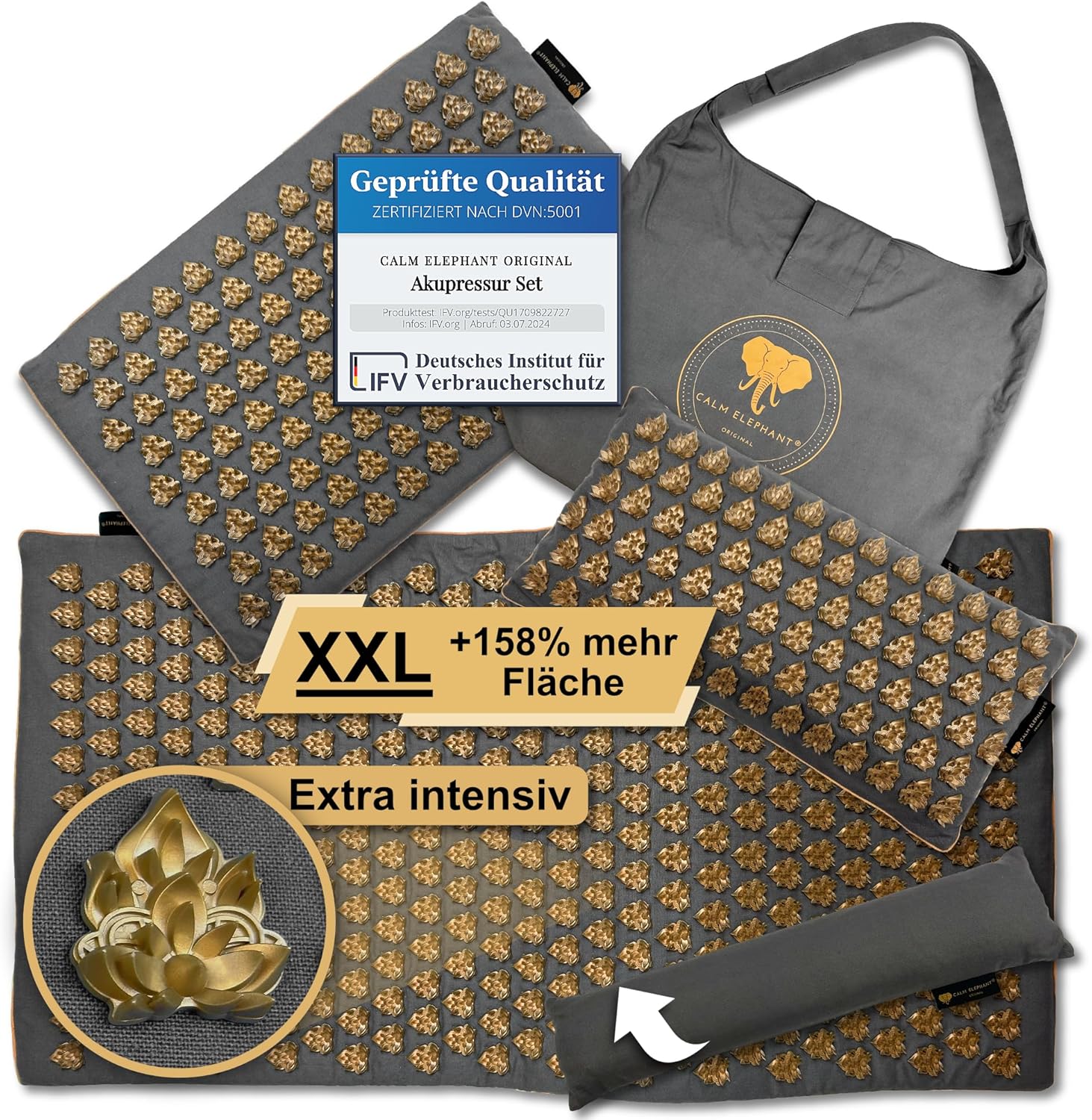 CALM ELEPHANT ORIGINAL Akupressurmatte XXL, große Größe, intensiv für fortgeschrittene Benutzer – Mandala Pro XXL Premium-Set (+158 % mehr Fläche und extra spitze Spitzen) – Verspannungen lösen, Akupunkturmatte, grau