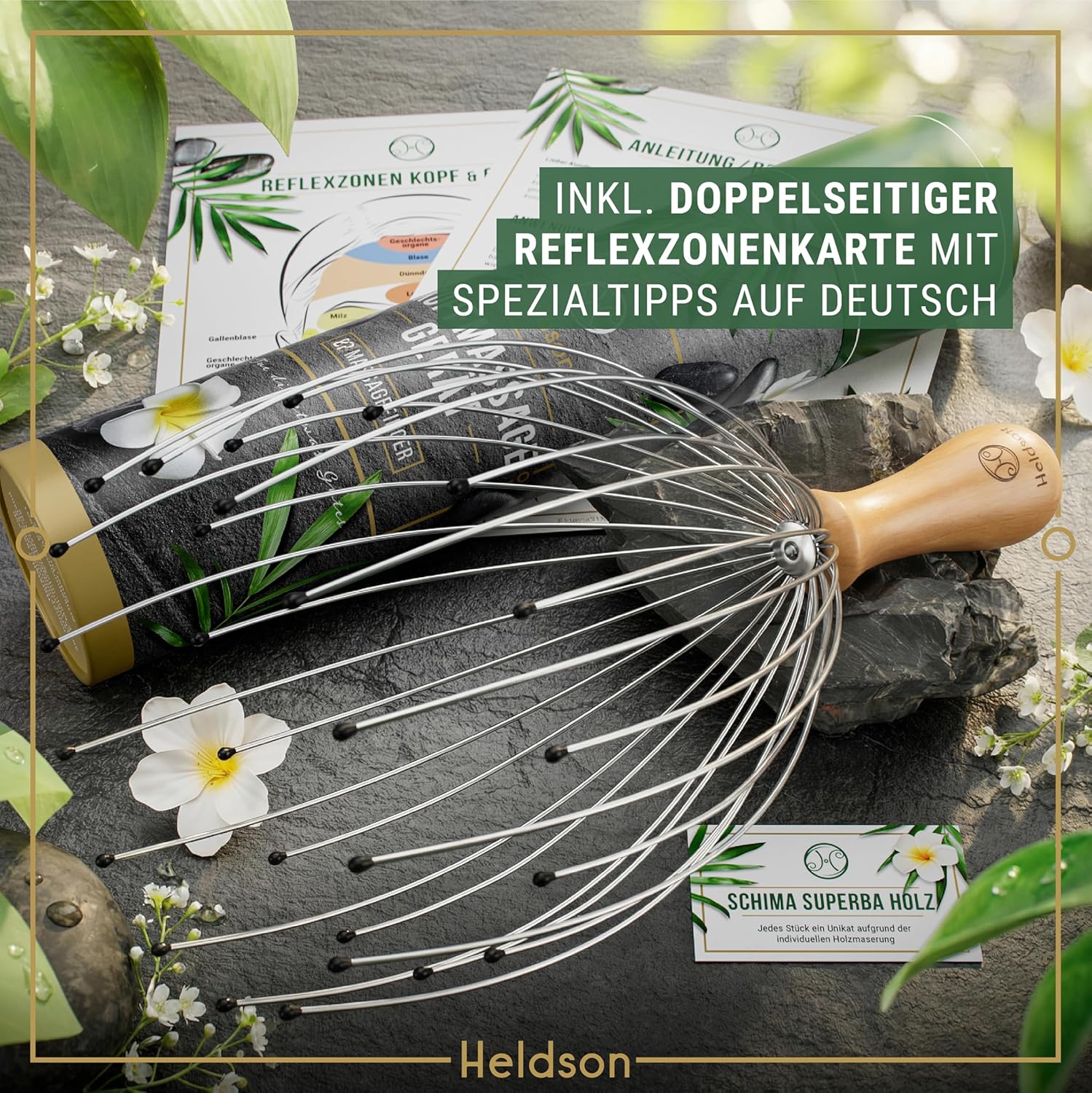 HELDSON Kopfmassage-Spinne – FSC100 % – Kopfmassagegerät – Muttertagsgeschenk – Kopfmassage & Haarmassage – Kopfmassagegerät – Kopfkratzer – Muttertagsgeschenk für Frauen, Männer & Senioren – Bild 3