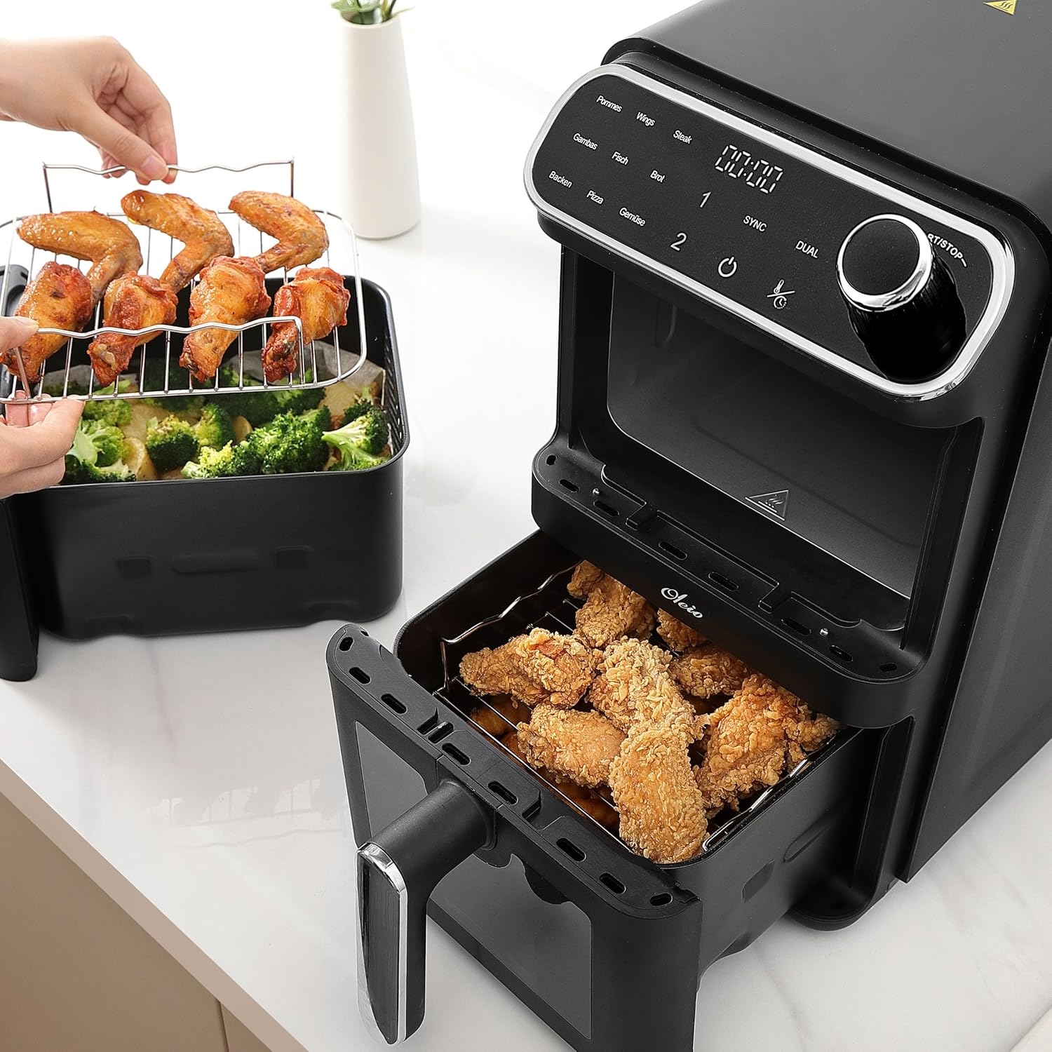Oleio Maestro Airfryer Doppelkammer XXL Heißluftfritteuse 2 Kammern I 2460 W – Heißluftfritteuse mit Sichtfenster aus Glas I 11 LI Antihaftbeschichtung I Spülmaschinenfest I Platzsparend I Energiesparend – Bild 7