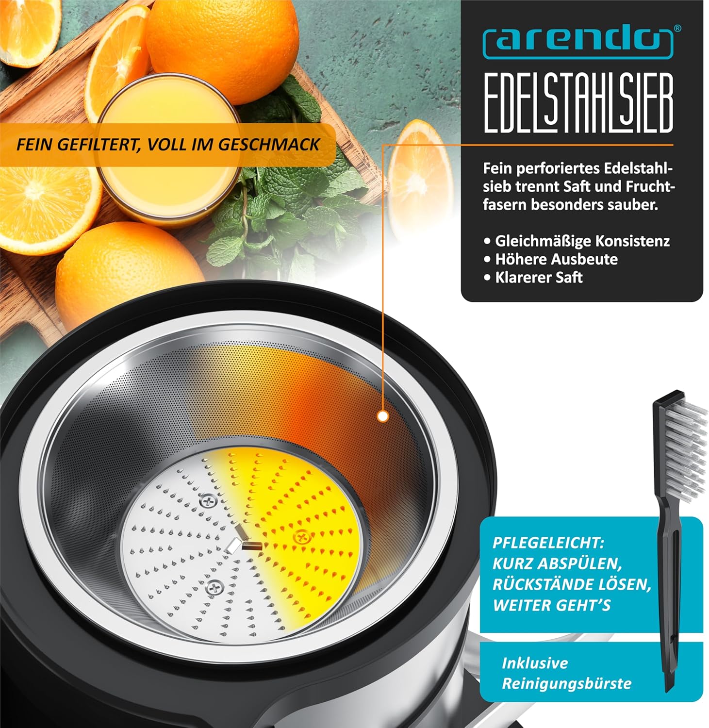 Arendo - Digitaler Entsafter mit Display - 1 Liter - 1000 Watt - XXL-Einfüllschacht - LED-Anzeige - Farbsymbole - Tropfschutz - Pulse-Funktion - Für Gemüse und Obst - Sicherheitsverriegelung - Inkl – Bild 6