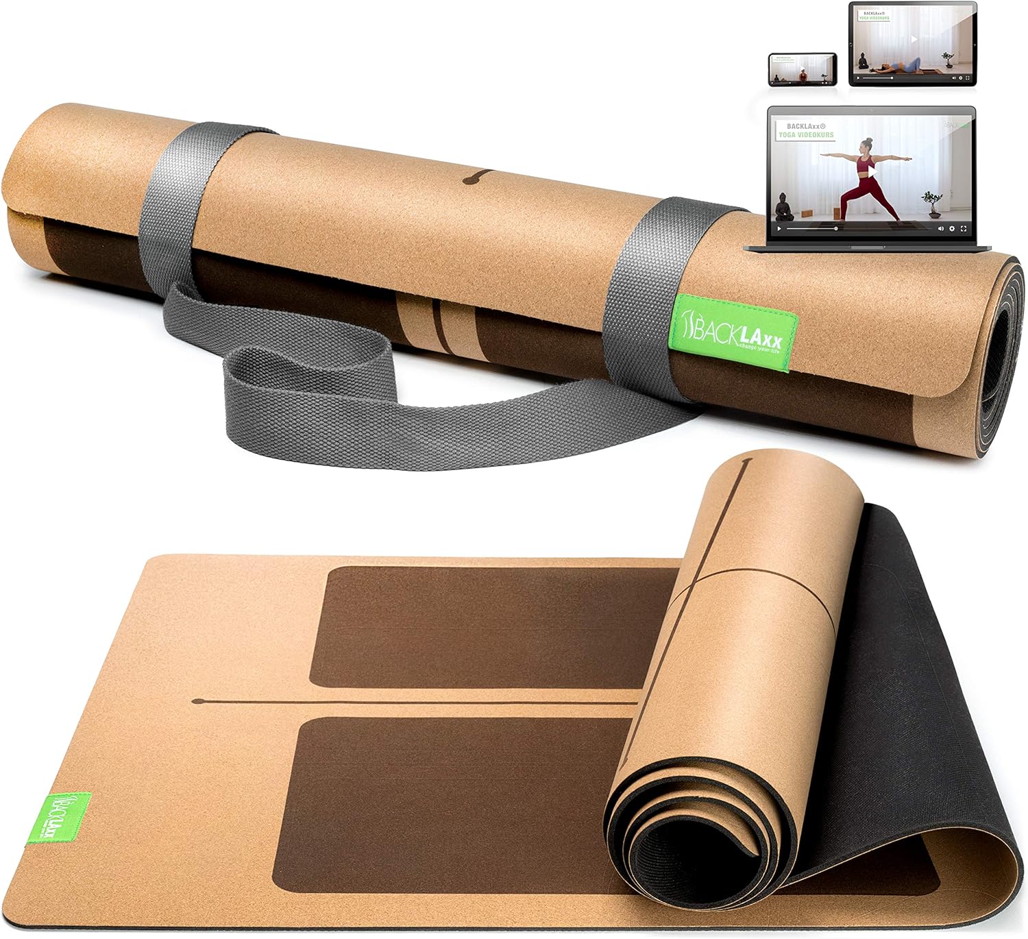 BACKLAXX ® Yogamatte Kork mit Naturkautschuk – FAZ-Testsieger 08/2024 – Yogamatte nachhaltig, schadstofffrei, Yogamatte rutschfest, Fitnessmatte mit Anti-Rutsch-Zonen inklusive Tragegurt, Gymnastikmatte