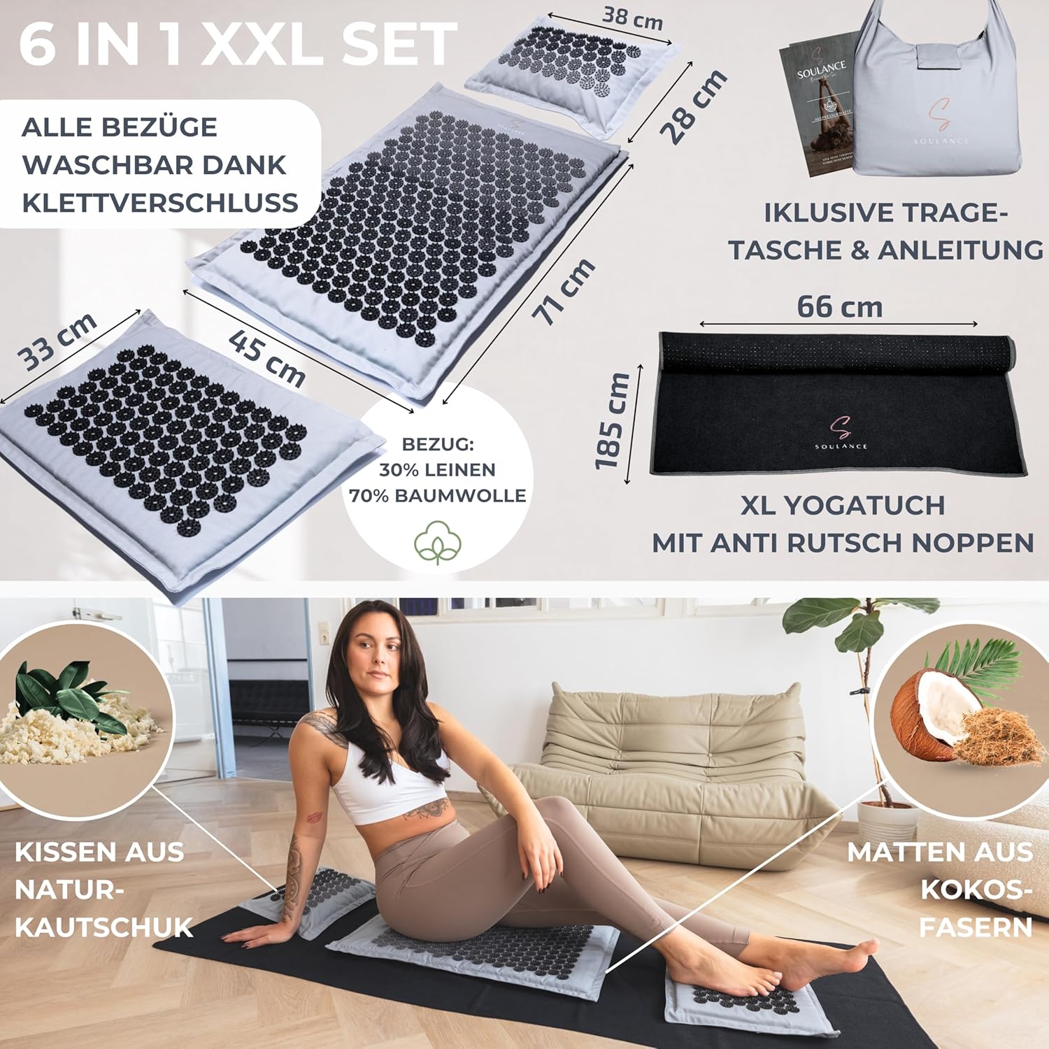 Akupressurmatte mit Kissen 6-in-1 Premium-Set (inkl. Yogatuch) & Tragetasche, Kokosfaserfüllung – Massagematte, Akupunkturmatte gegen Nacken- und Rückenschmerzen (Eisgrau, XXL-Set) – Bild 6