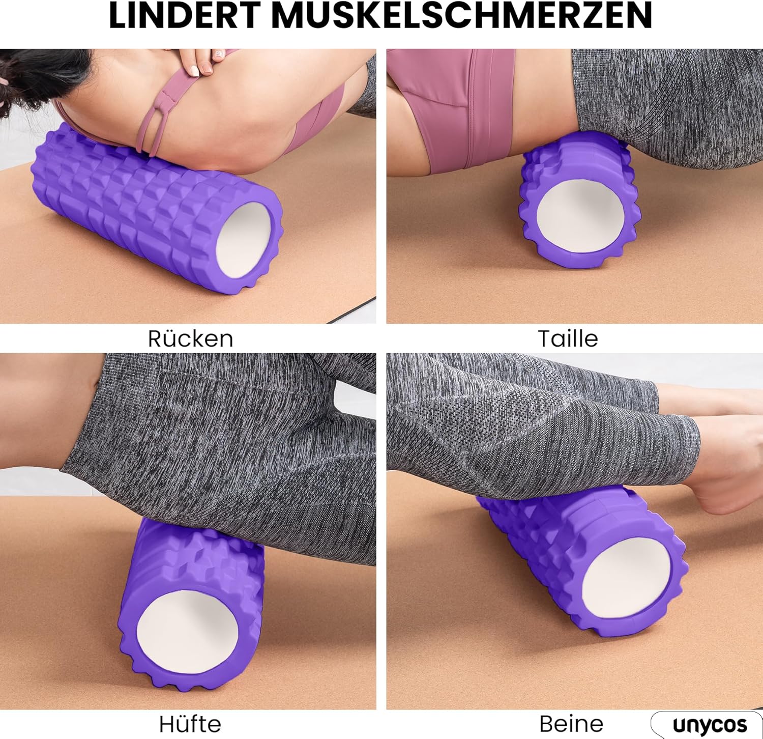 unycos - Faszienrolle (33 x 14 cm), Fitnessrolle mit 3D-Texturmassage und 50 Übungen E-Book, Hartschaumrolle zur Selbstmassage, belastbar bis 130 kg, Massagerolle für funktionelles Training (Lila) – Bild 3