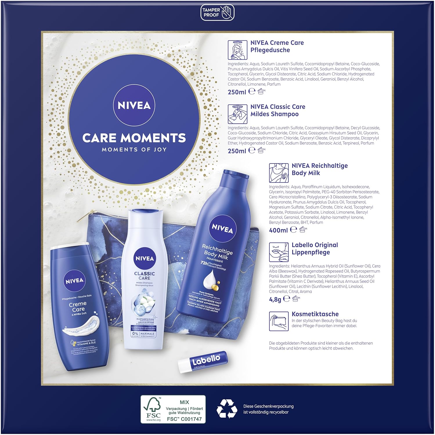 Nivea Care Moments Geschenkset, Geschenk für Frauen, Geschenkbox mit Duschgel (250 ml), Shampoo (250 ml), Körperlotion (400 ml), Labello Lippenpflege (4,8 g) und Kulturbeutel – Bild 6
