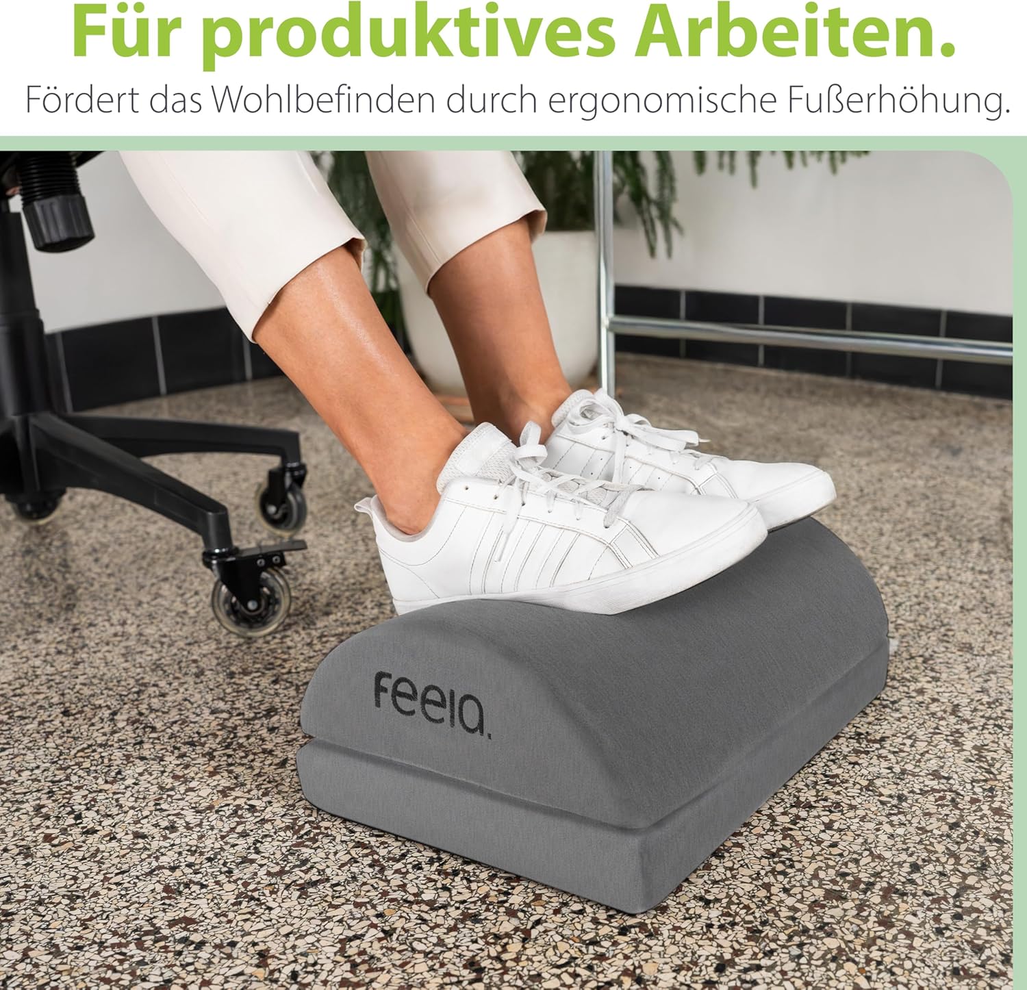 Feela. Fußstützen-Schreibtisch (Vergleichssieger) – Ergonomischer Fußhocker mit Premium-Schaumstoffkern & integriertem Wärmekissen – rutschfest, höhenverstellbar, Schreibtischzubehör (Dunkelgrau) – Bild 5