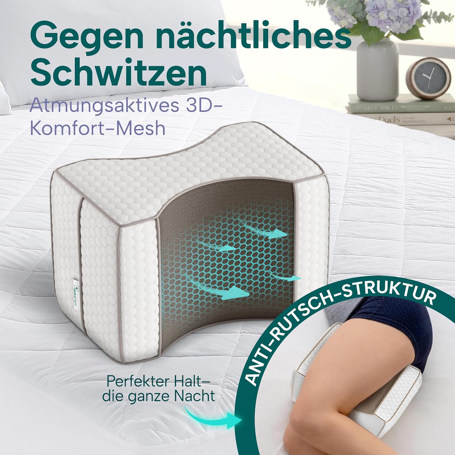 Kniekissen für Seitenschläfer – Orthopädisches Beinkissen medizinisch inspiriert zur Entlastung von Hüfte, Rücken und Knien | Ergonomisches Memory-Schaum-Kissen mit rutschfestem Design – Bild 4
