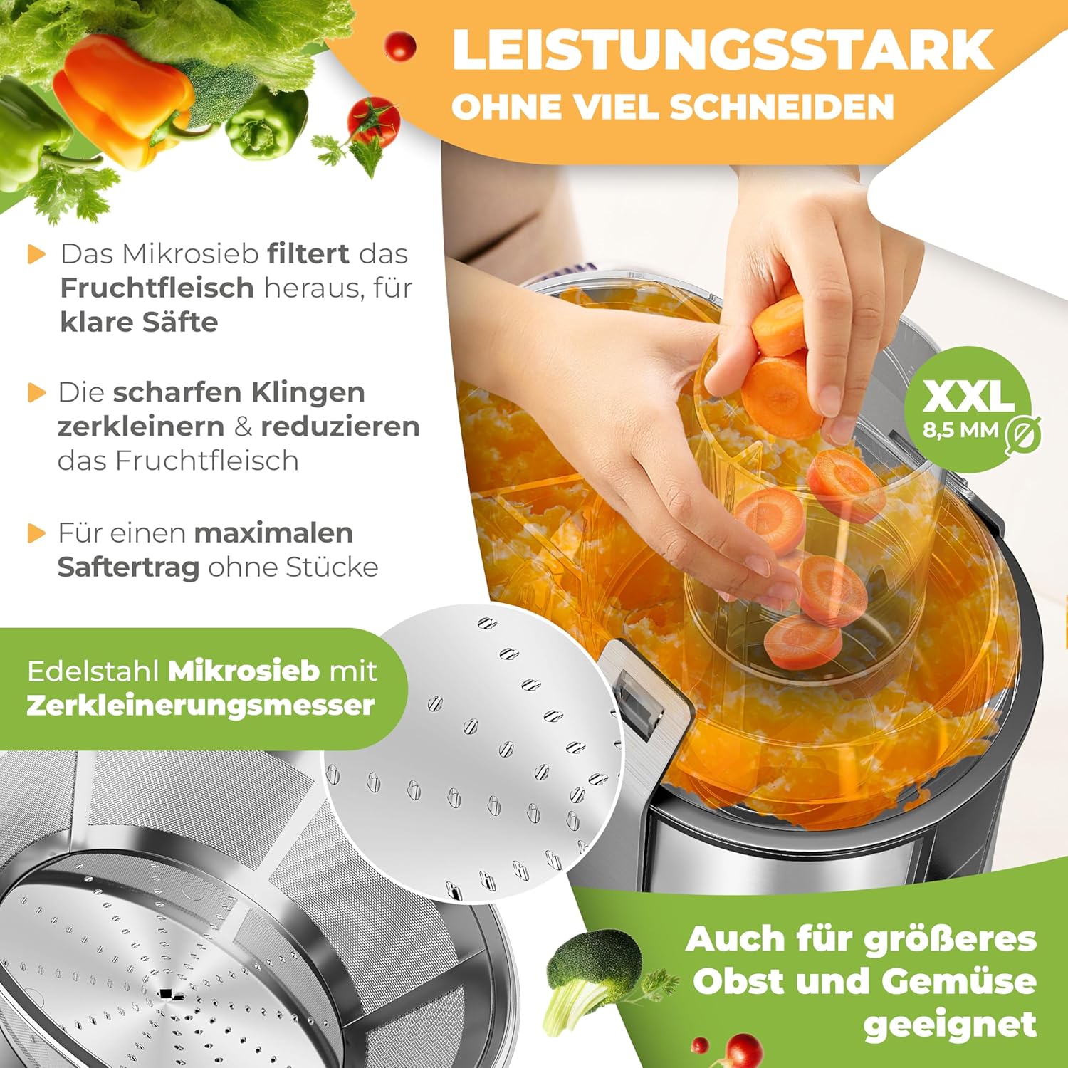 KESSER® Entsafter für Obst und Gemüse aus Edelstahl 1100W große 85 mm Einfüllöffnung inkl. Entsafter, Reinigungsbürste und Saftbehälter, 3 Geschwindigkeitsstufen – Bild 4