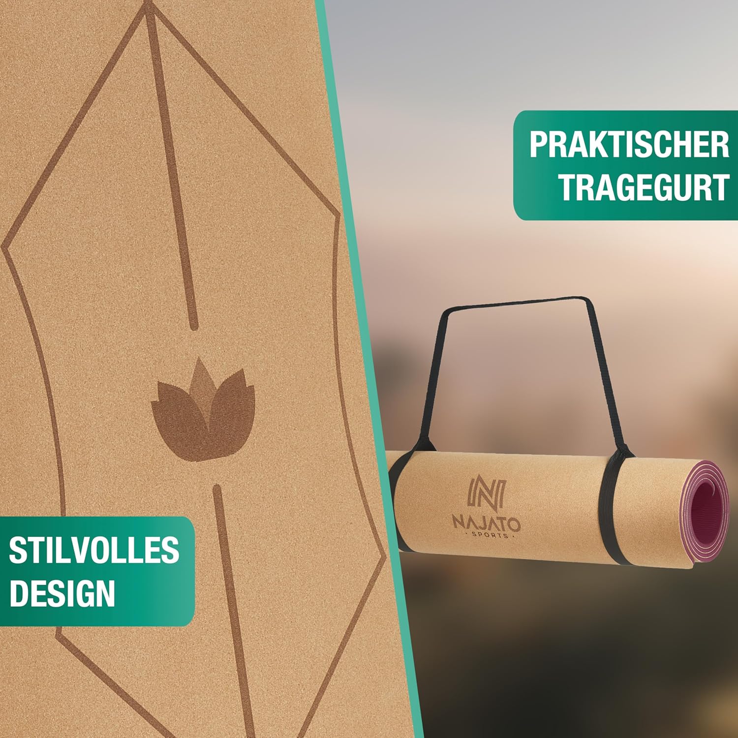 Najato Sports Yogamatte aus Kork – Rutschfeste Yogamatte aus Kork mit Yogagurt, Tragegurt und E-Book – Yogamatte aus Kork 183 x 65 x 0,6 cm – Nachhaltige Yogamatte aus Kork – Bild 5
