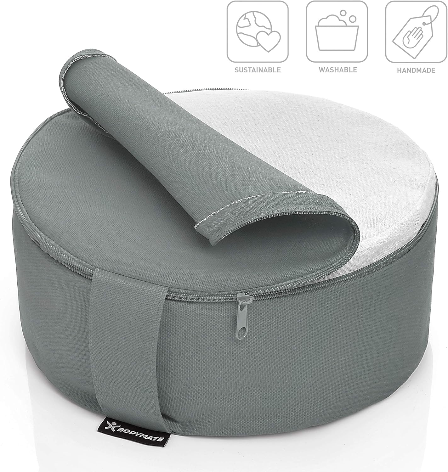 BODYMATE rundes Yogakissen 31cm Durchmesser 13cm hoch mit Buchweizenfellfüllung – maschinenwaschbarer Bezug aus 100% extra dicker Baumwolle – Meditationskissen – Sitzkissen – Bild 2