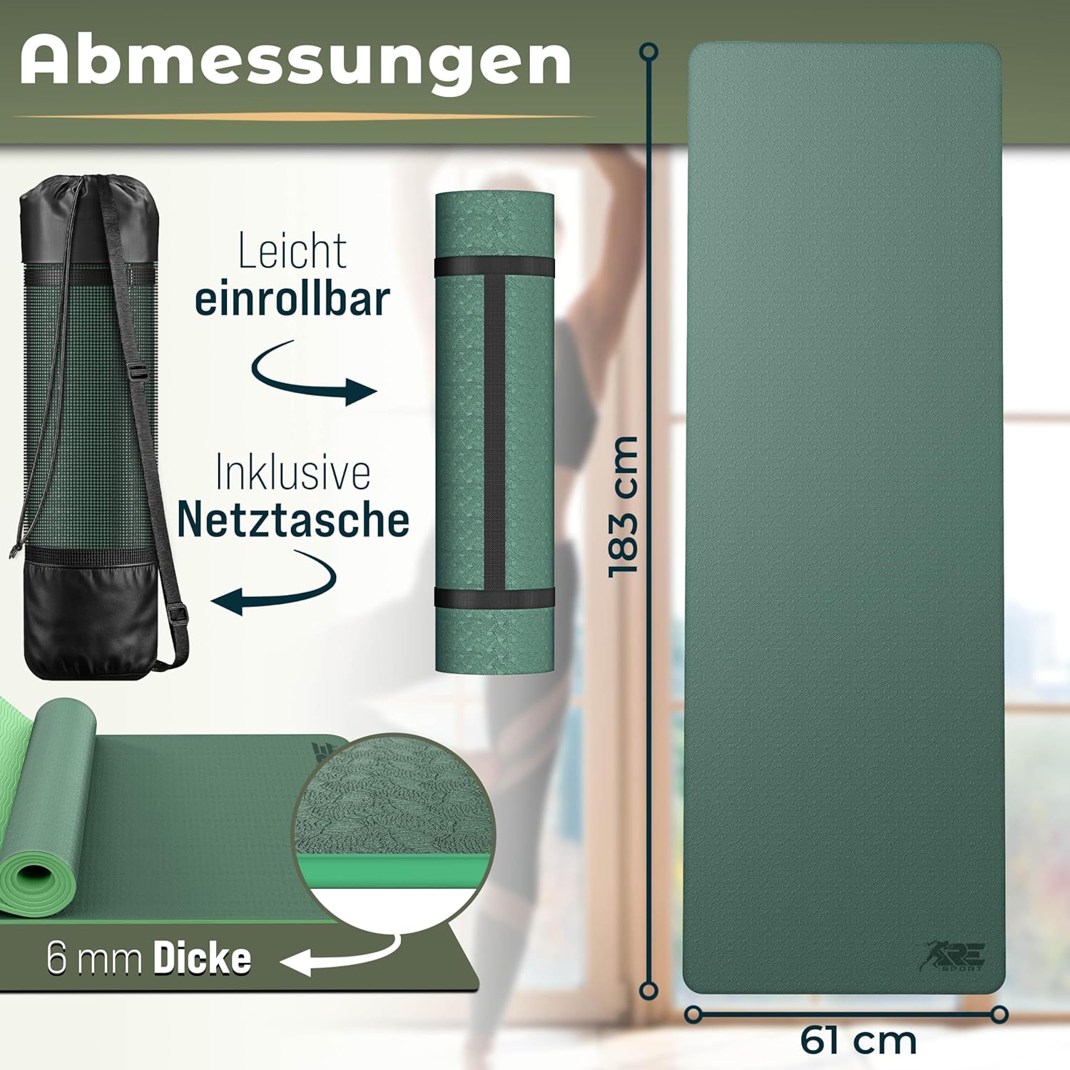 RE:SPORT Yogamatte, Phthalatfrei, Gymnastikmatte, rutschfest, Fitnessmatte, schadstofffrei, Trainingsmatte mit Tragegurt, 183 x 61 x 0,6 cm – Bild 3