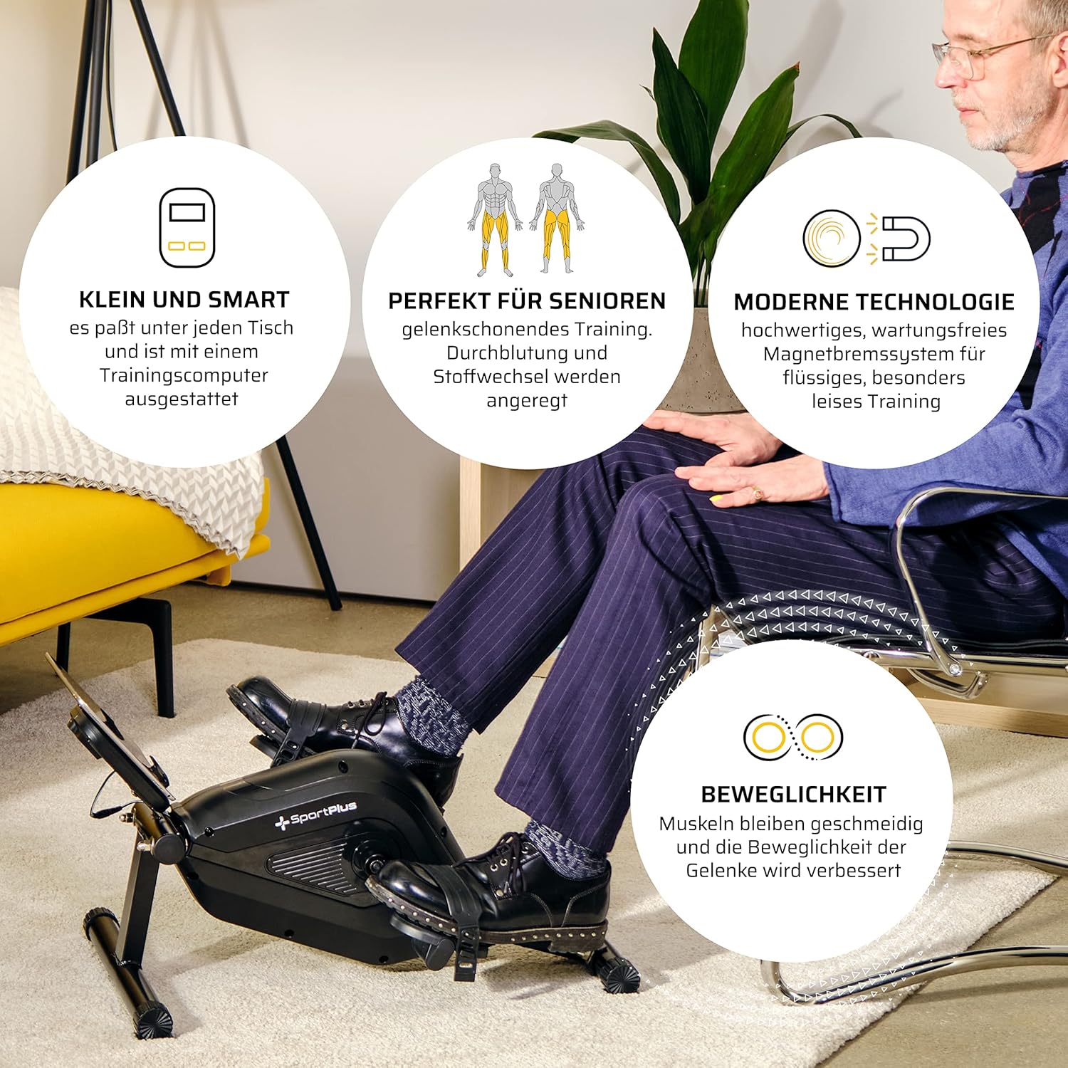 SportPlus Beintrainer für Zuhause & Büro, Mini-Heimtrainer mit Magnet-Bremse & 8 Widerstands-Stufen, mit Trainingscomputer, extra breite Pedale, App-kompatibel | Heimtrainer Fahrrad | Minibike – Bild 3