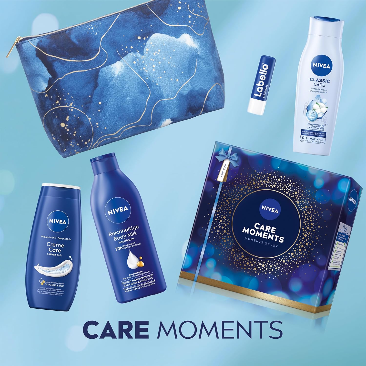 Nivea Care Moments Geschenkset, Geschenk für Frauen, Geschenkbox mit Duschgel (250 ml), Shampoo (250 ml), Körperlotion (400 ml), Labello Lippenpflege (4,8 g) und Kulturbeutel – Bild 5