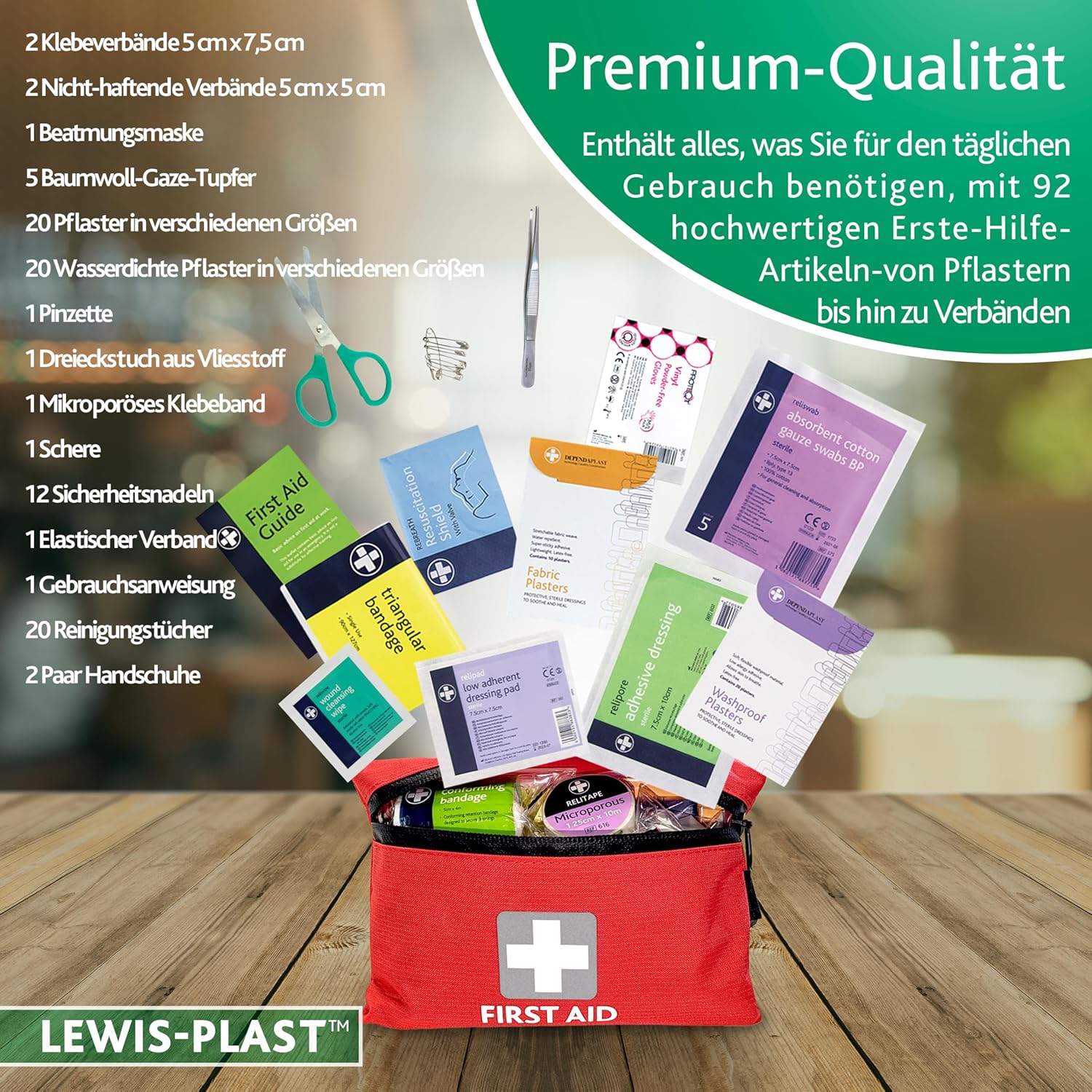 LEWIS-PLAST Erste-Hilfe-Set Erste-Hilfe-Tasche 92-teilig – Hochwertiges, tolles Rettungsset entspricht den europäischen Standards – Erste-Hilfe-Medizinset für Camping, Schularbeit und vieles mehr – Bild 7