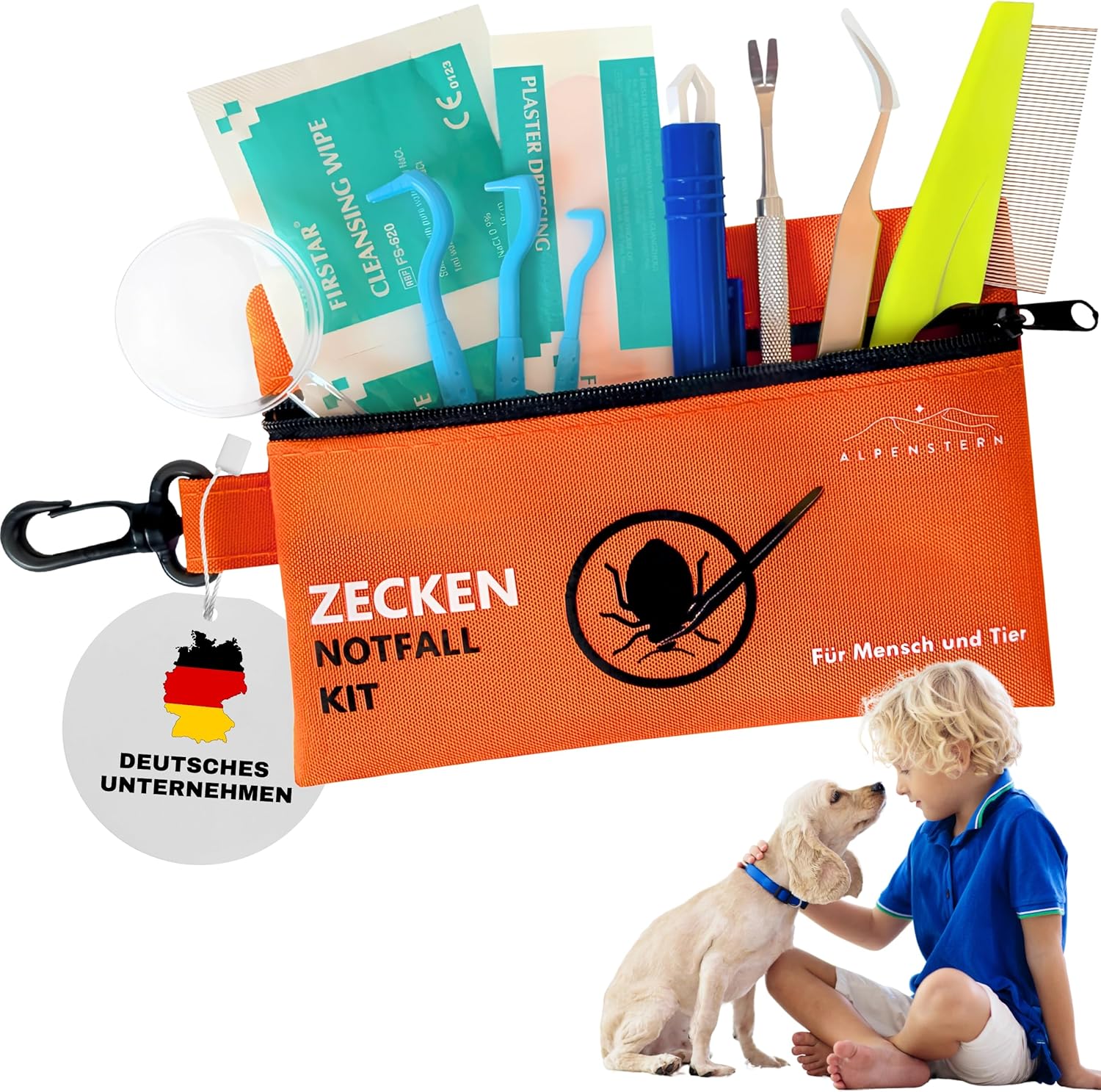 Zeckenentferner-Set – für Tier und Mensch – Zeckenentferner Hund Katze Kinder – Erste-Hilfe-Tasche inkl. Zeckenpinzette, Zeckenhebel, Zeckenhaken, Pinzette etc. Zeckenentferner Zeckenschutz