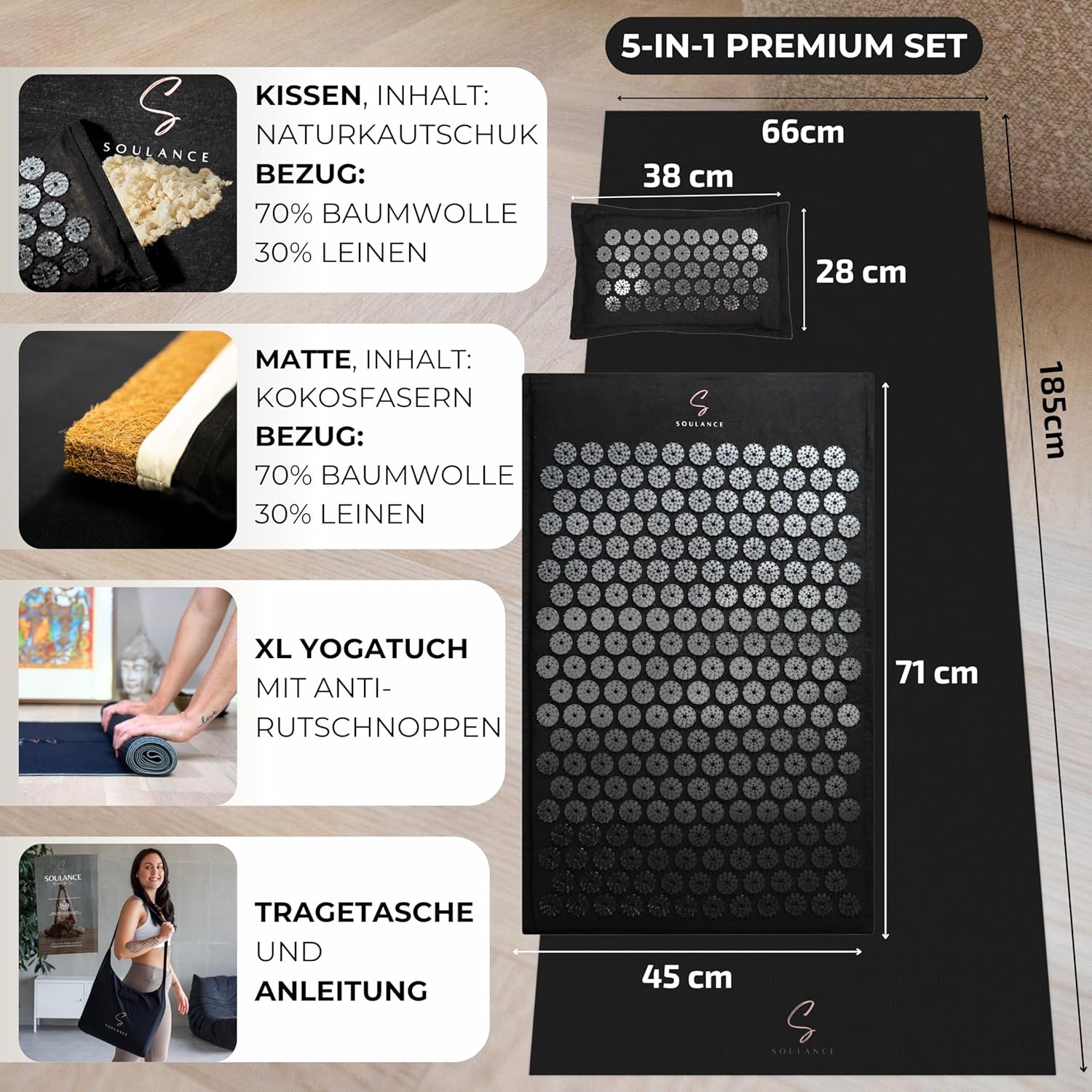 SOULANCE Akupressurmatte mit Kissen – 5-in-1-Premium-Set (inklusive Yogatuch) & Tragetasche, Kokosfaserfüllung – Massagematte, Akupunkturmatte gegen Nacken- und Rückenschmerzen – Bild 6