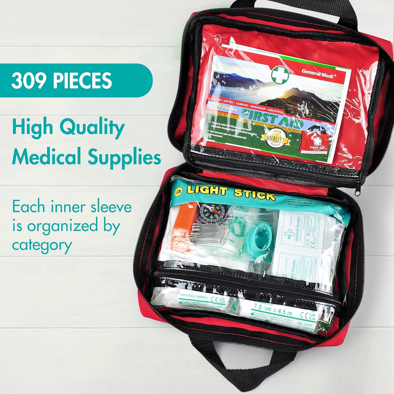 General Medi Erste-Hilfe-Set – 309-teiliges Premium-Erste-Hilfe-Set für Zuhause, Auto, Reisen, Büro, Sport, Wandern, Camping, Rettung (rot) – Bild 3