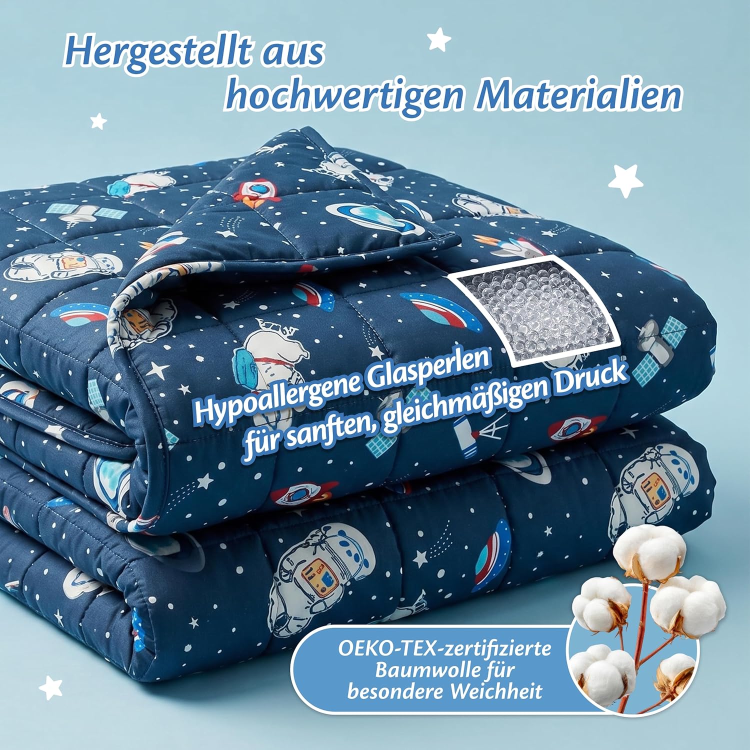 Ella Gewichtsdecke für Kinder, 2,4 kg, 90 x 120 cm – Therapiedecke zum Stressabbau und bei Angstzuständen, hypoallergene Glasperlen, weiche und kühlende Außenschicht aus Baumwolle für Kinder von 15–25 kg – Platz – Bild 6
