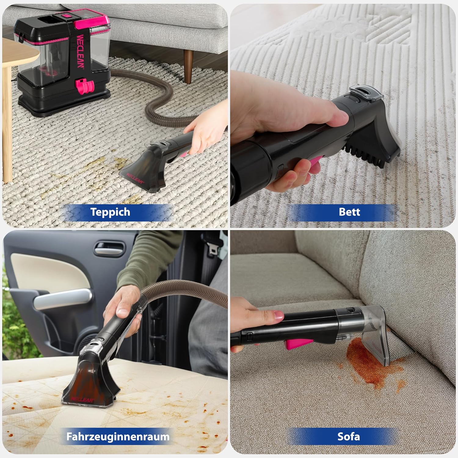 WECLEAN Staubsauger für Teppiche und Polster, tragbarer Nass- und Trockensauger mit 350-W-Motor und 2-Tank-System, ideal für Auto, Couch und hartnäckige Flecken, Schwarz und Rosa – Bild 5