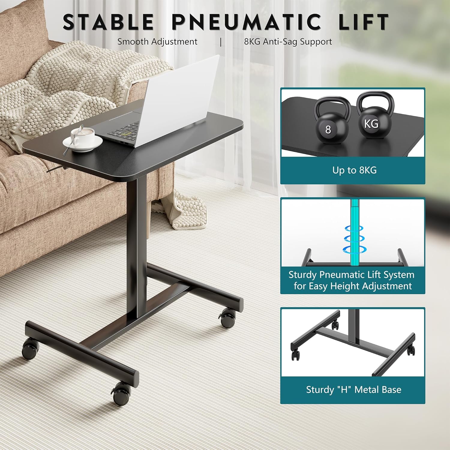 BONTEC Mobiler Schreibtisch 65 x 48 cm, Computertisch, pneumatisch höhenverstellbar 72-109,5 cm, Laptoptisch mit 4 Rollen, Überbetttisch, Stehsitztisch, Beistelltisch für Home Office, Schwarz – Bild 6