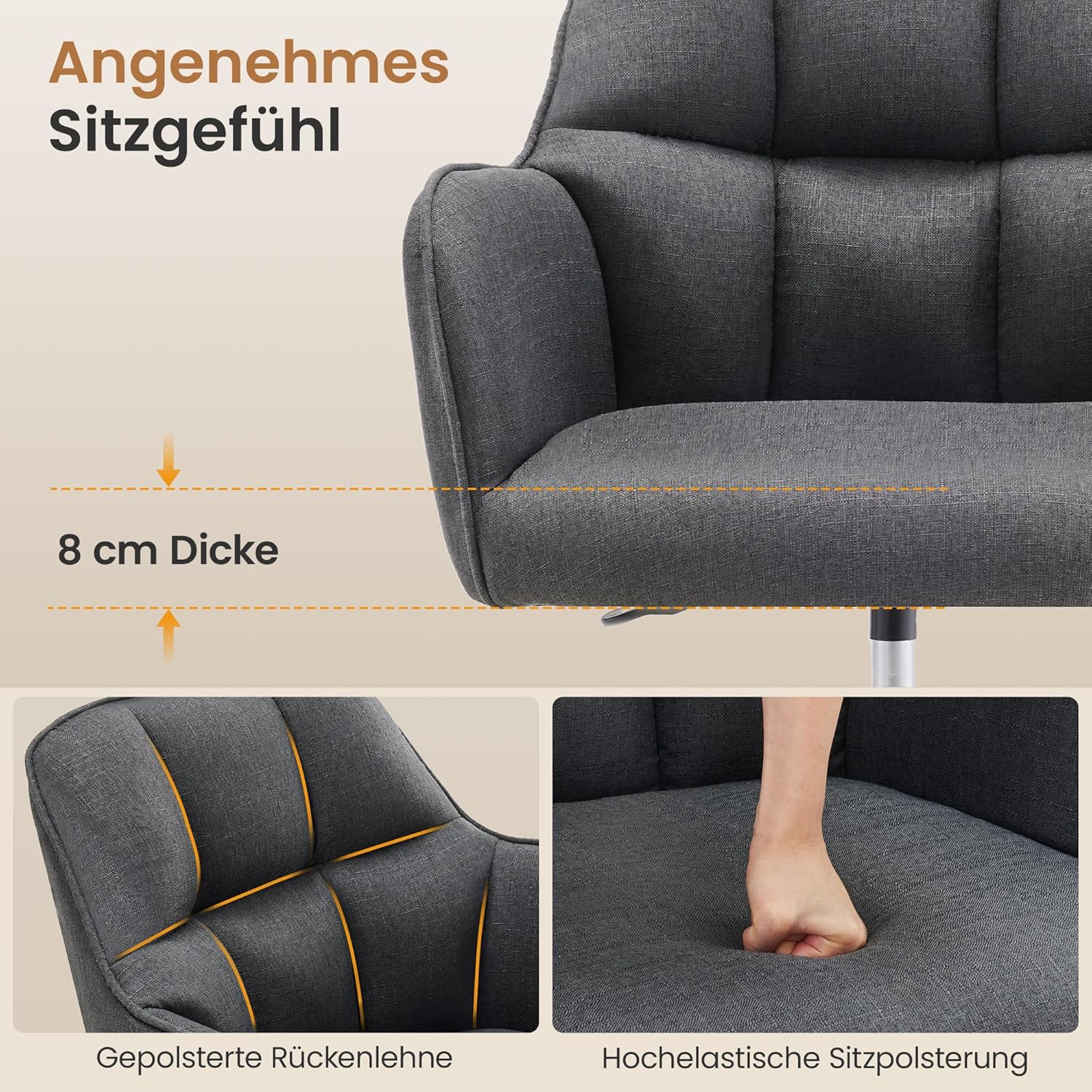 YOUDENOVA Schreibtischstuhl, Drehstuhl mit Rollen, Schminkstuhl Höhenverstellbar, Homeoffice Stuhl, Bürostuhl Ergonomisch, Vanity Chair für Mädchen Arbeitszimmer Schlafzimmer Büro, Leinen Dunkelgrau – Bild 6