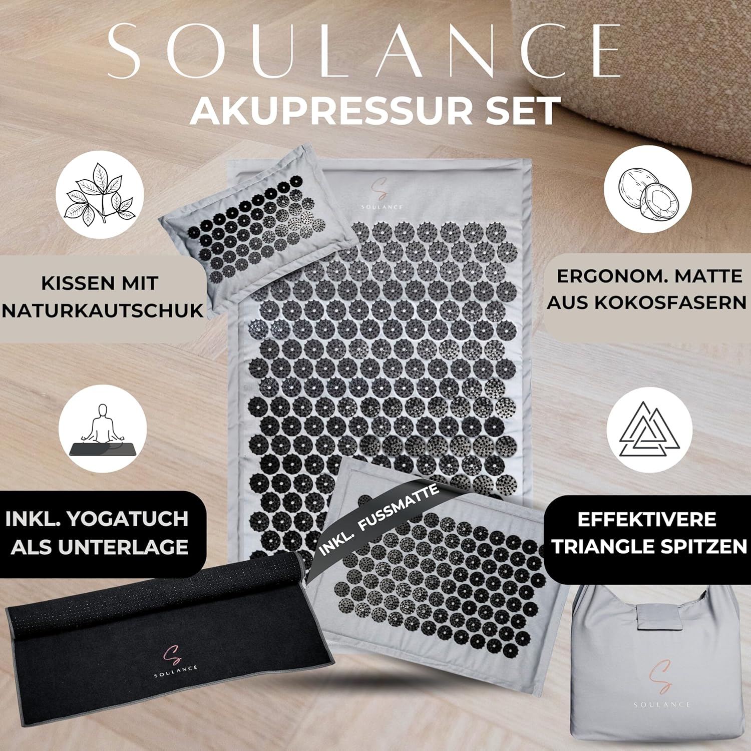 Akupressurmatte mit Kissen 6-in-1 Premium-Set (inkl. Yogatuch) & Tragetasche, Kokosfaserfüllung – Massagematte, Akupunkturmatte gegen Nacken- und Rückenschmerzen (Eisgrau, XXL-Set) – Bild 2