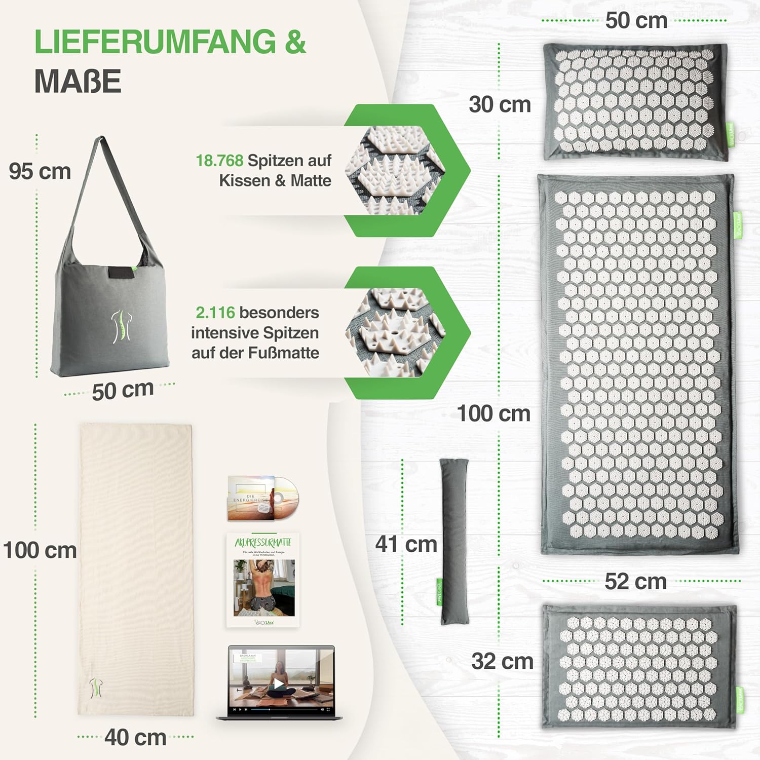 BACKLAXX Akupressurmatten-Set mit Kissen, Tuch & Tasche, XL-Akupressurmatte, 120 % mehr Fläche, Akupunkturmatte mit Spikes zur Massage, Akupressurmatte für Nacken und Schulter, Massagematte Rücken – Bild 5