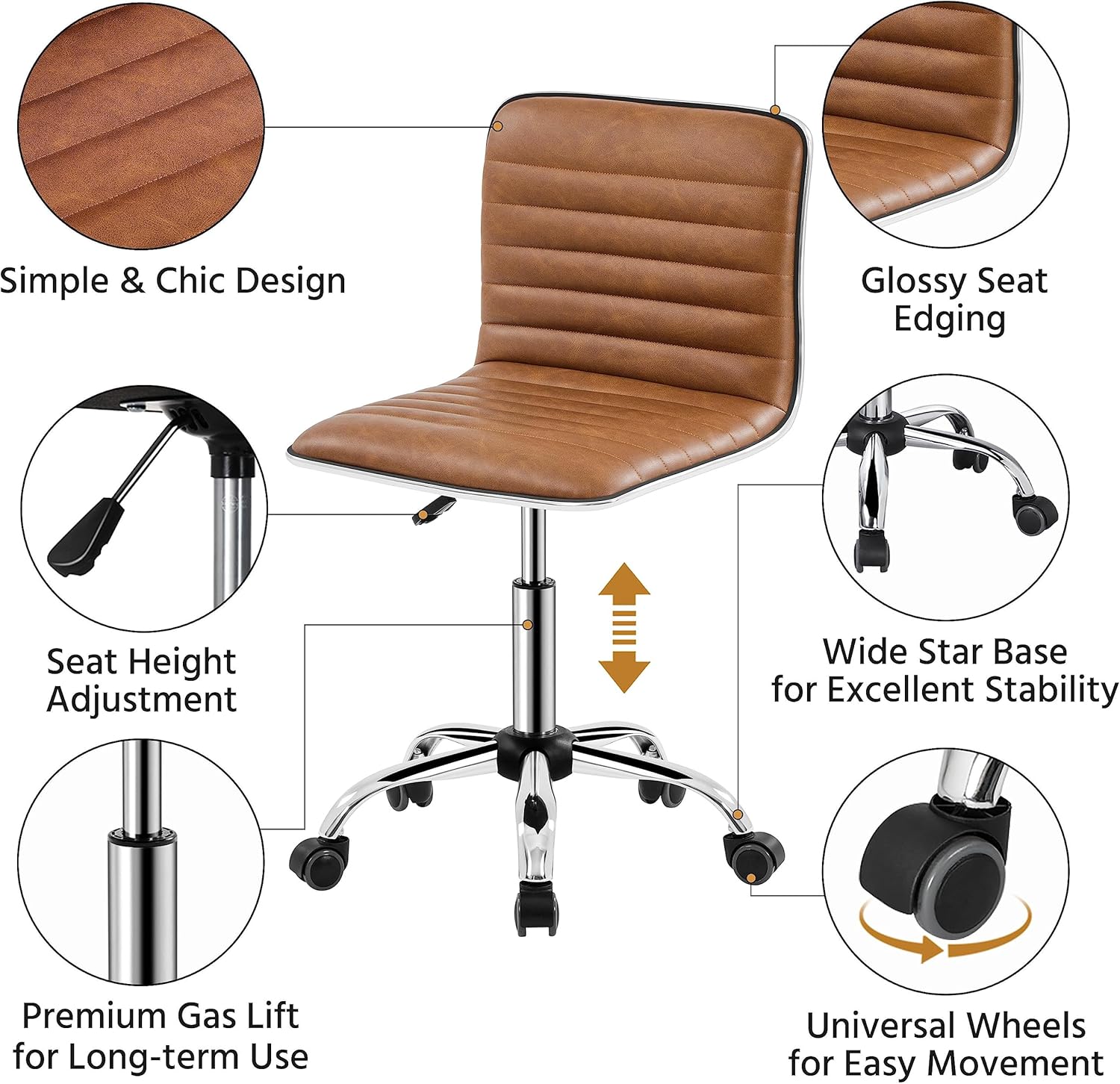 Yaheetech Bürodrehstuhl, ergonomischer Schreibtischstuhl, Drehstuhl mit Rollen, ohne Armlehne, 360° frei drehbar, höhenverstellbar, Kunstleder, Retro-Braun – Bild 5