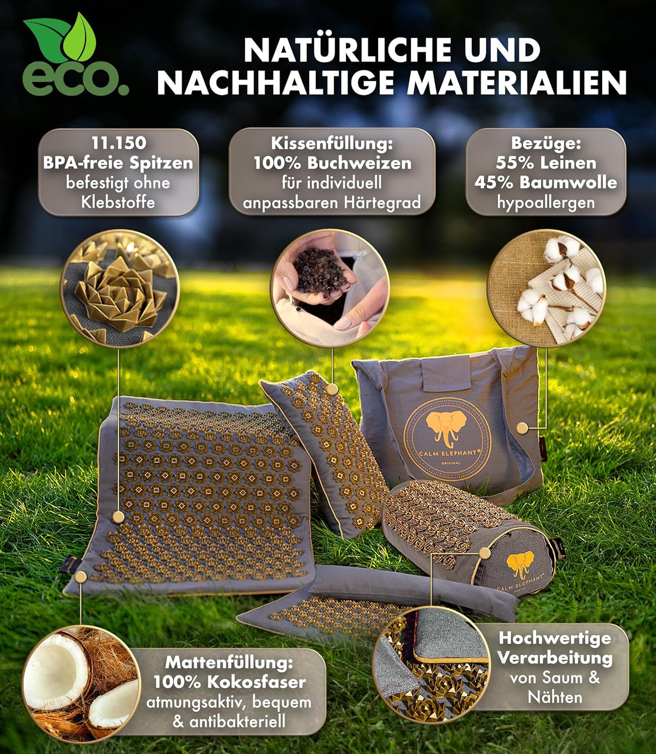 CALM ELEPHANT ORIGINAL Ultimative Akupressurmatte mit Kissen XXL 6er-Set, Massagematte, Rückenverspannungen lösen, Akupunkturmatte, Kissen mit Wärmefunktion, Lendenwirbel- und Kniekissen, Fußmatte, grau – Bild 4