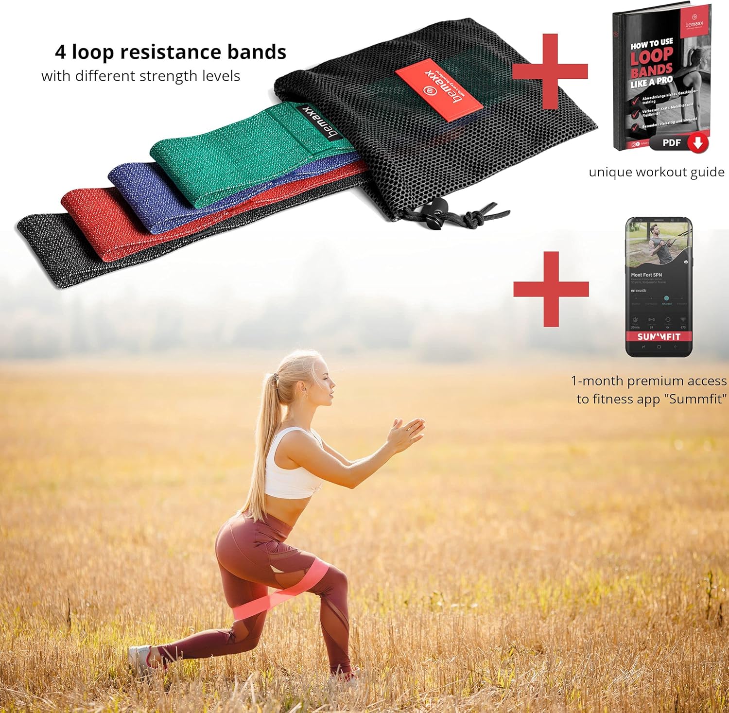 Fitnessband-Set, Latex-/Stoffschlaufen-Widerstandsbänder mit Trainings-eBook (Englisch nicht garantiert), Übungsband, Fitness-Sport-Workout, Krafttrainingsband, elastisches Trainingsband, Miniband, Crossfit, Yoga – Bild 2