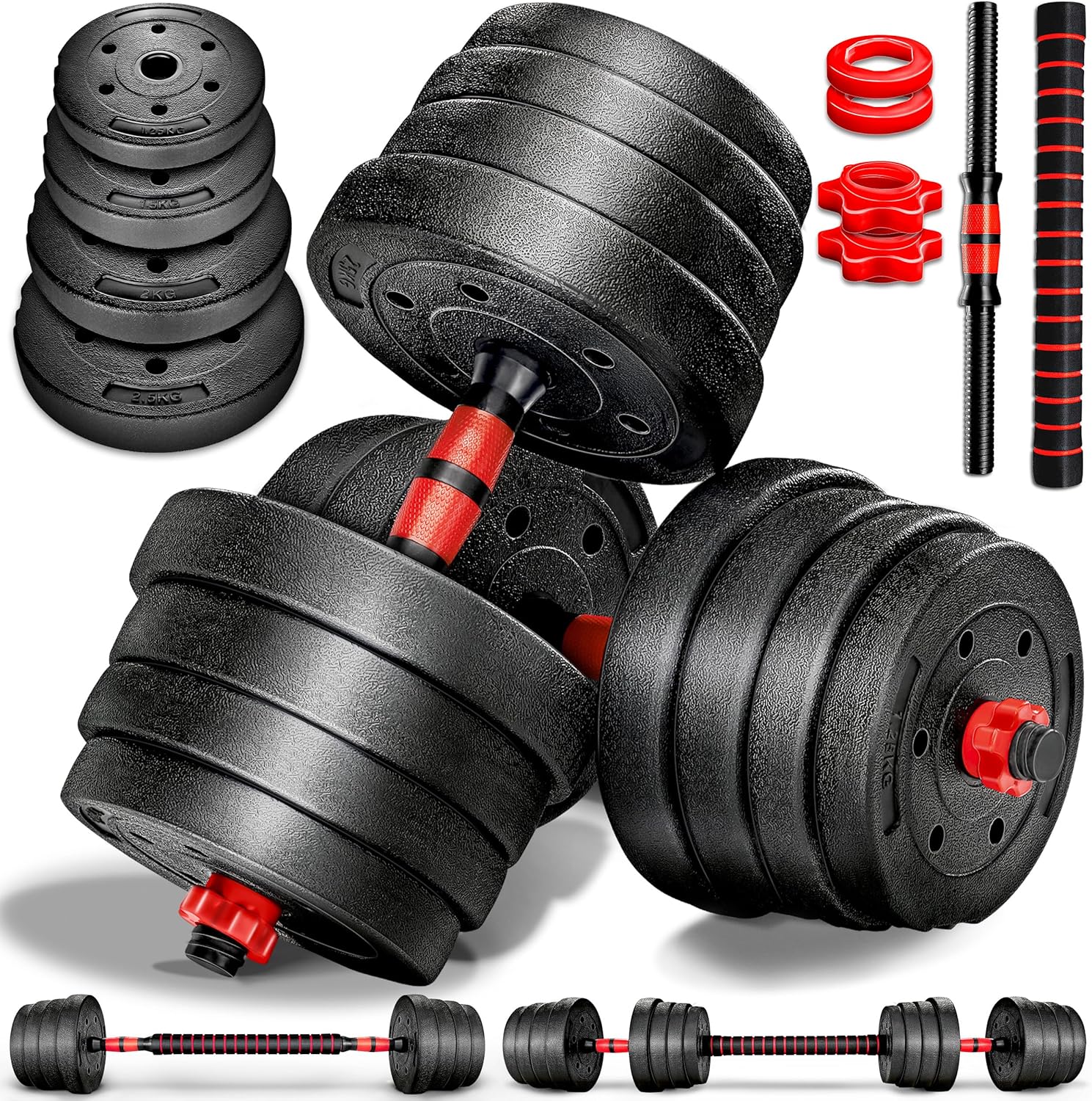 RE:SPORT 2-in-1-Hantelset 15–30 kg, verstellbare Hantel- und Langhantel-Spinlock-Kragen und Verbindungsrohr
