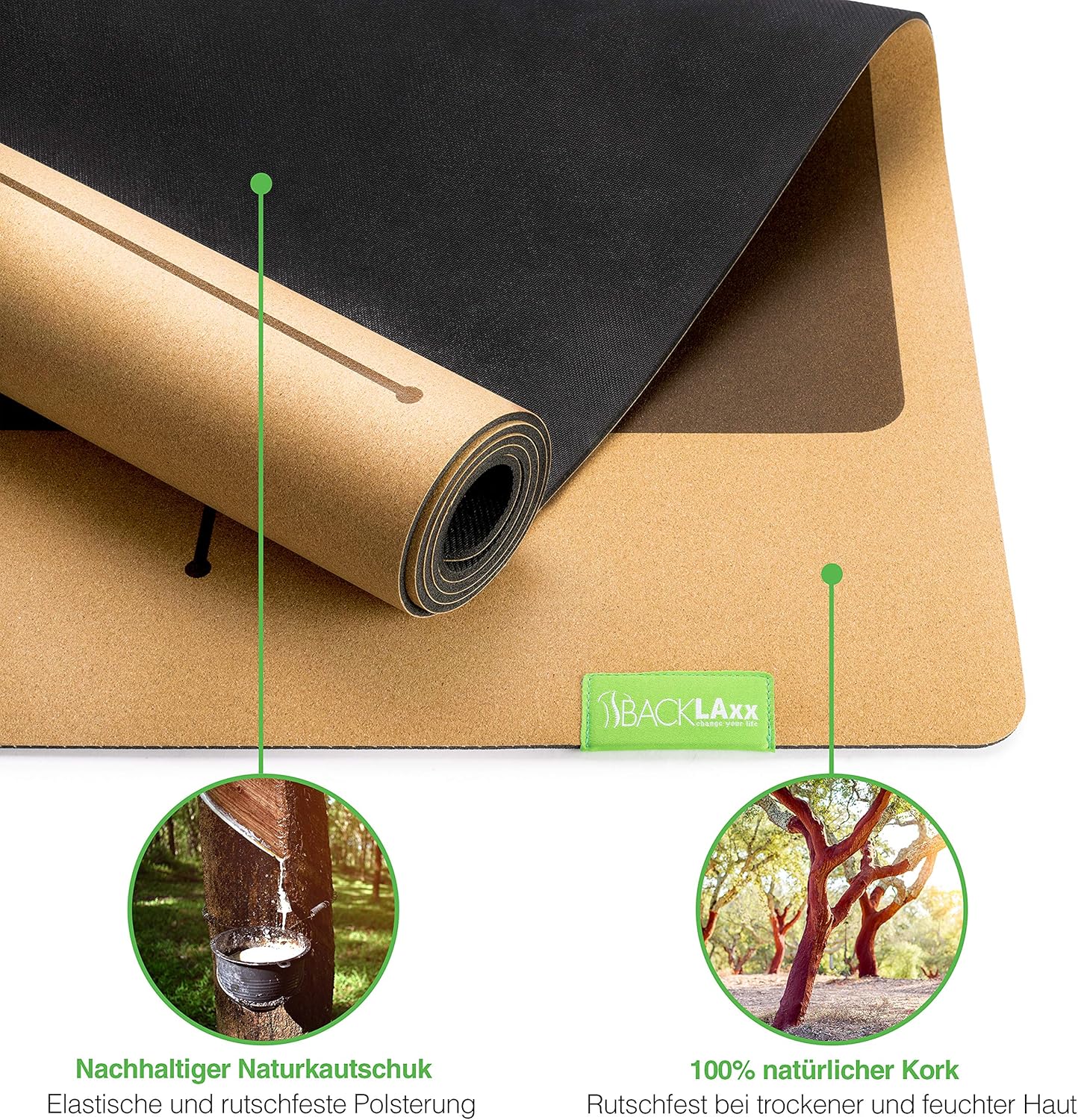 BACKLAXX ® Yogamatte Kork mit Naturkautschuk – FAZ-Testsieger 08/2024 – Yogamatte nachhaltig, schadstofffrei, Yogamatte rutschfest, Fitnessmatte mit Anti-Rutsch-Zonen inklusive Tragegurt, Gymnastikmatte – Bild 4