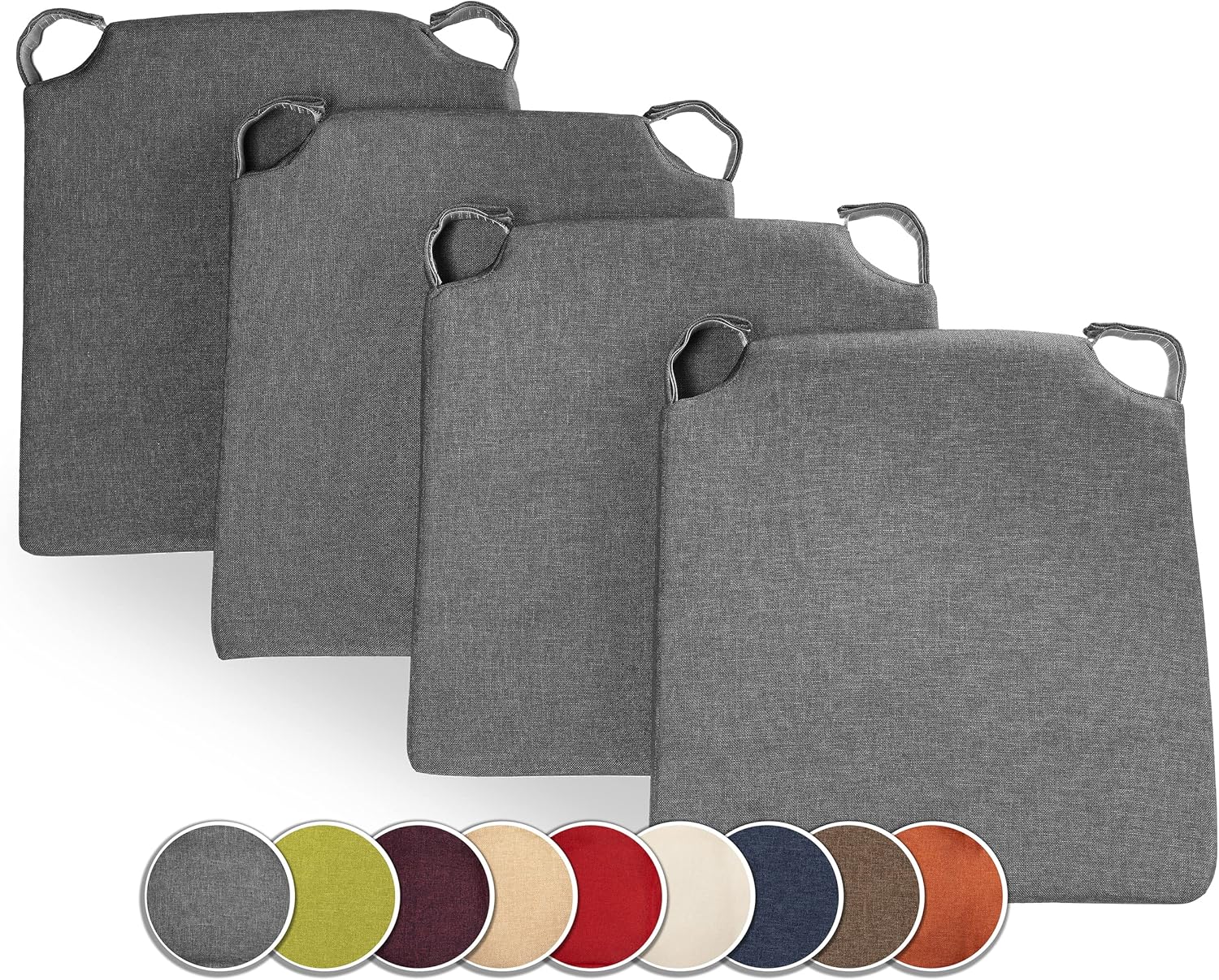 sunnypillow 4er-Set Stuhlkissen mit Befestigung, Kissen für Stühle – Innen/Außen – Sitzkissen – Maße: 42 (vorne) | 35 (Rückseite) x 40 x 5 cm – Anthrazit