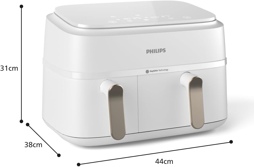 Philips Airfryer 3000 Series Dual Basket, Heißluftfritteuse mit 2 Körben, 9 l Fassungsvermögen (6 l + 3 l), RapidAir Plus-Heißlufttechnologie, 90 % weniger Fett, Rezept-App, spülmaschinenfest, Weiß (NA353/10) – Bild 4