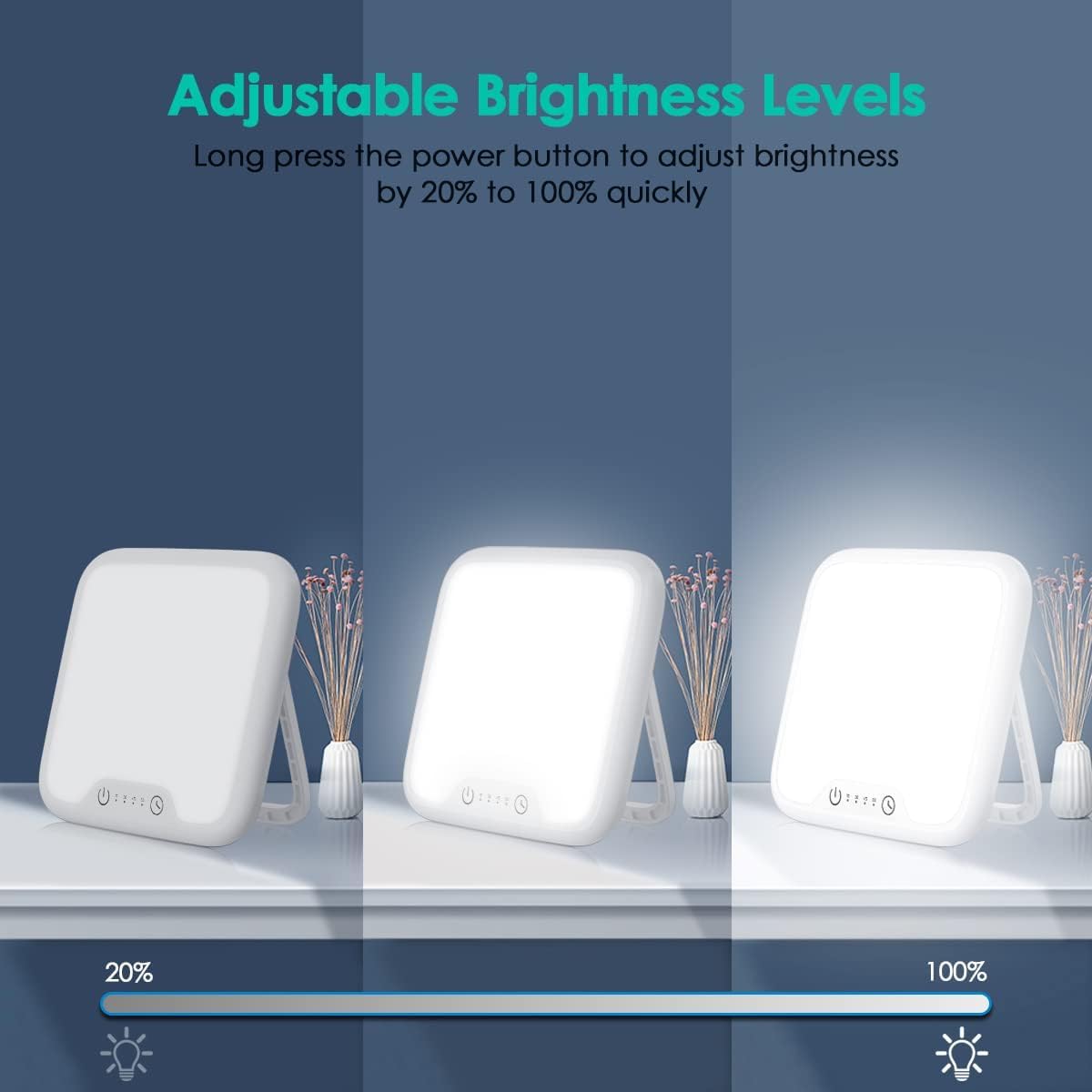 VTHW Tageslichtlampe, 10000 Lux Lampe mit Memory-Funktion, 4 Timer, UV-freie Sonnenlichtlampe mit Touch-Steuerung, stufenloses Dimmen, faltbare Halterung, für Zuhause/Büro (Energieklasse E) – Bild 3