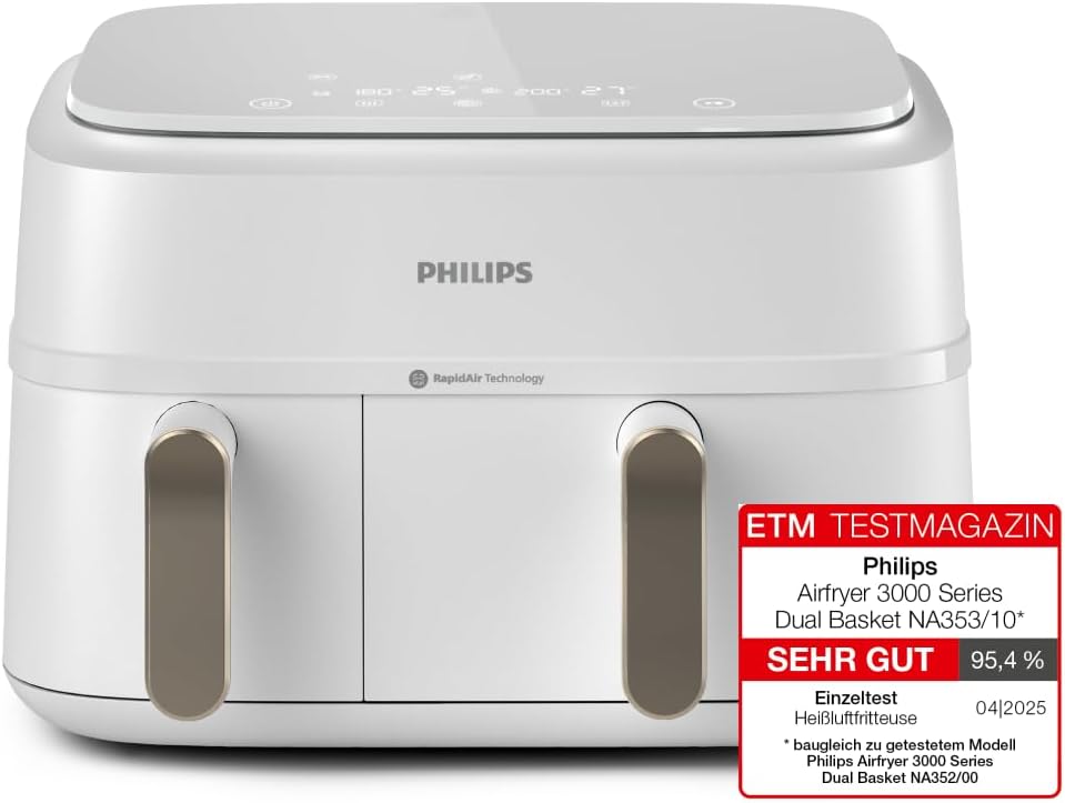 Philips Airfryer 3000 Series Dual Basket, Heißluftfritteuse mit 2 Körben, 9 l Fassungsvermögen (6 l + 3 l), RapidAir Plus-Heißlufttechnologie, 90 % weniger Fett, Rezept-App, spülmaschinenfest, Weiß (NA353/10) – Bild 2
