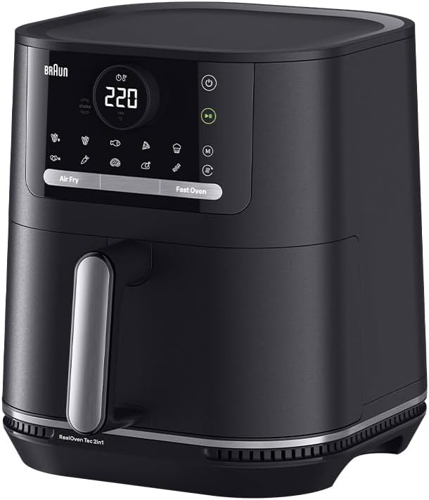Braun MultiFry 5 – 2-in-1-Heißluftfritteuse mit Backfunktion, PFAS-freie Keramikbeschichtung im Garkorb, 15 Garprogramme, 6 L Fassungsvermögen, Ober-/Unterhitze, kein Vorheizen, Schwarz (HF5054IBK)