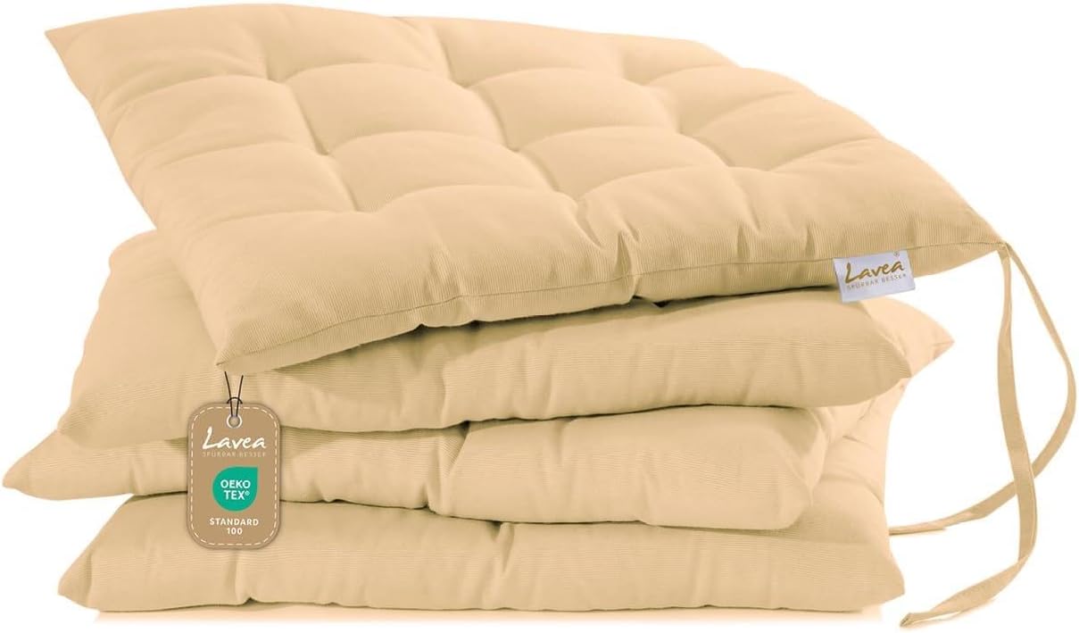 Lavea Sitzkissen & Stuhlkissen 40 x 40 cm – 4er-Set – mit Stoffbändern – Buiten & Indoor – waschbar & wetterfest – für Gartenstuhl, Balkon, Terrasse & Esszimmer – Sand