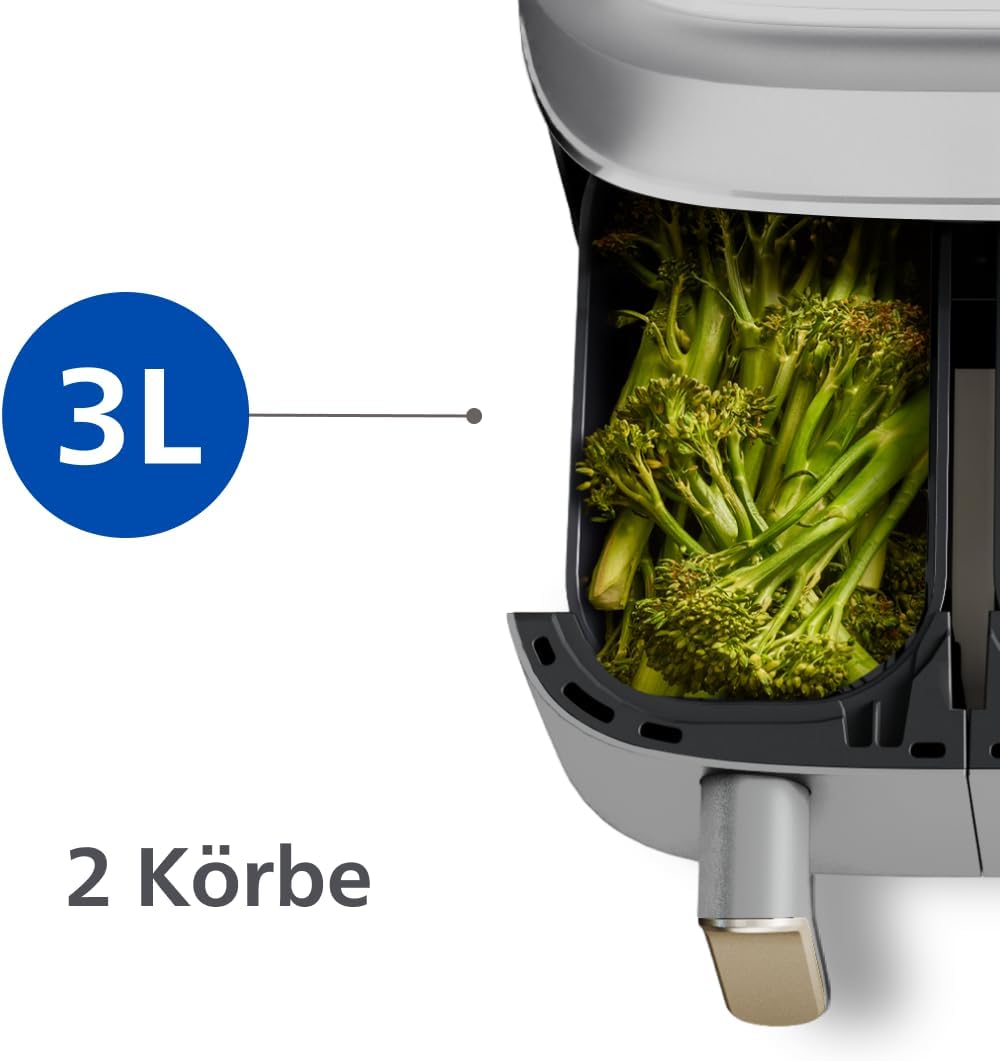 Philips Airfryer 3000 Series Dual Basket, Heißluftfritteuse mit 2 Körben, 9 l Fassungsvermögen (6 l + 3 l), RapidAir Plus-Heißlufttechnologie, 90 % weniger Fett, Rezept-App, spülmaschinenfest, Weiß (NA353/10) – Bild 5