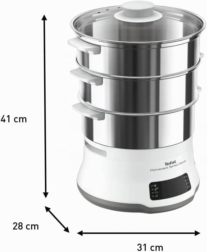 Tefal Convenience Series Deluxe Dampfgarer, einfacher Touchscreen, 8 Programme, Garen auf 3 Ebenen, Edelstahlbehälter, langlebige Qualität, gesunde Zubereitung, Edelstahl/Weiß, VC502D – Bild 3